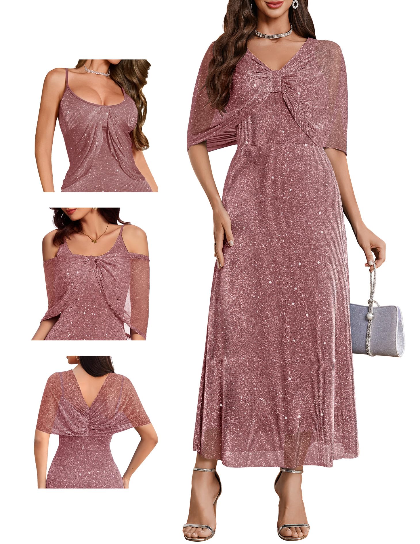 BeryLove Sequin Formal Cocktail Long Dress Evening Wedding Guest Mother of The Bride Dresses with Shawl
