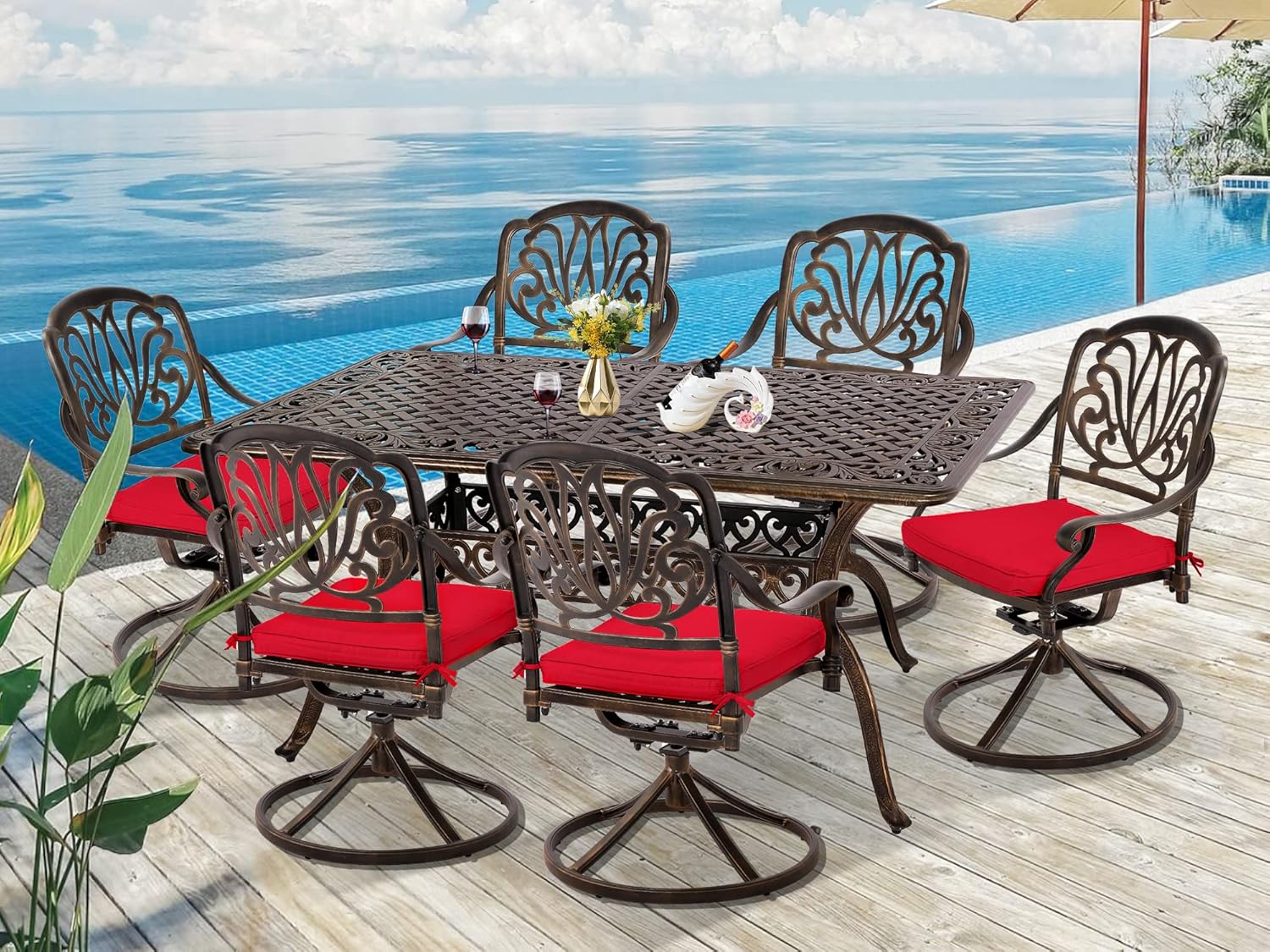 Grepatio 2 Piece Patio Swivel Dining Chairs with Cushions, Outdoor Cast Aluminum Dining Chairs Set of 2, Metal Furniture Chairs for Lawn Garden Backyard (Swivel Rocker Chairs with Red Cushions)