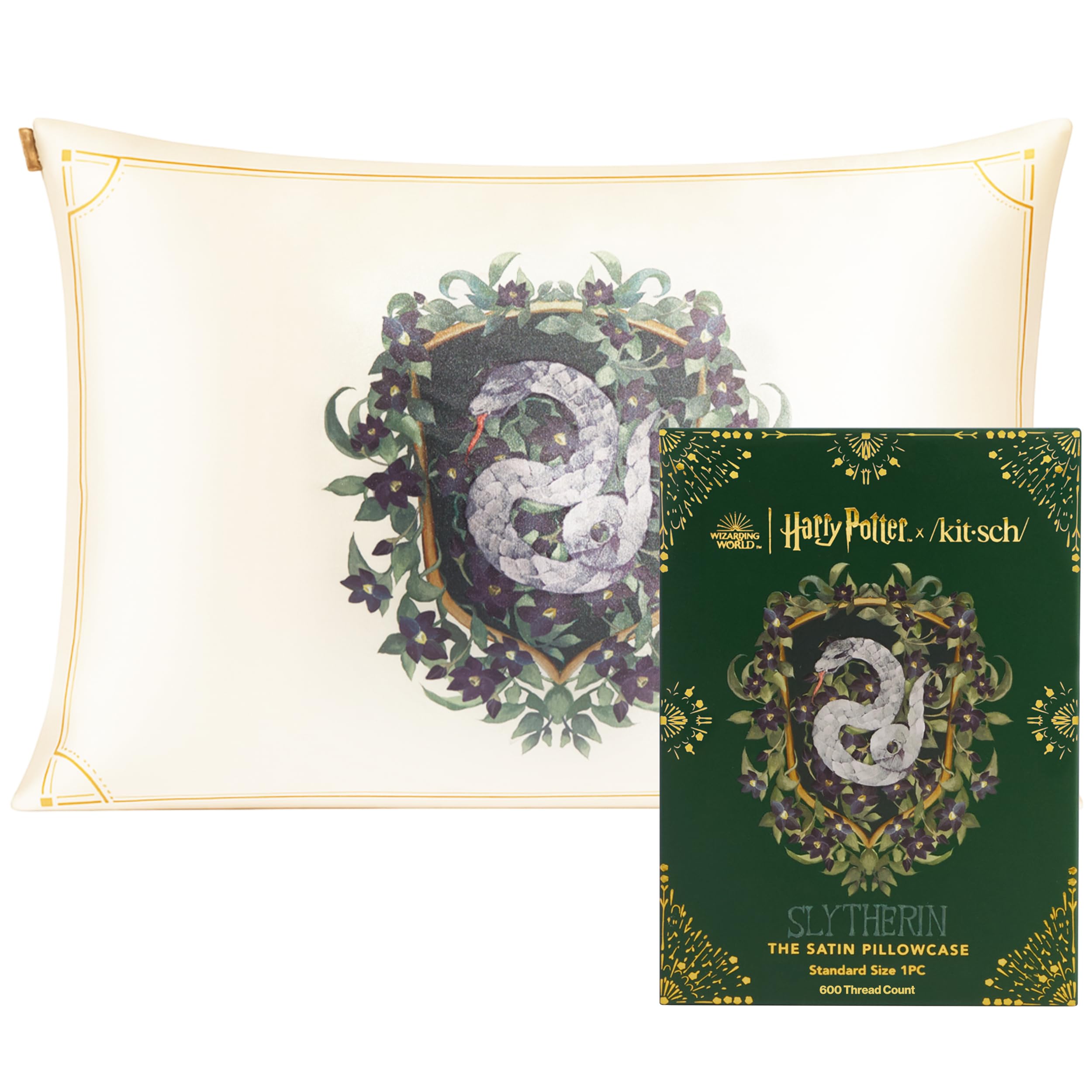 Kitsch x Harry Potter Slytherin Satin Pillowcase with Zipper – Double-Sided Crest Design – Better Than Silk Pillowcase – Perfect for Kids Rooms & Toddler Bed Time Pillow Case –Queen/Standard 19x26
