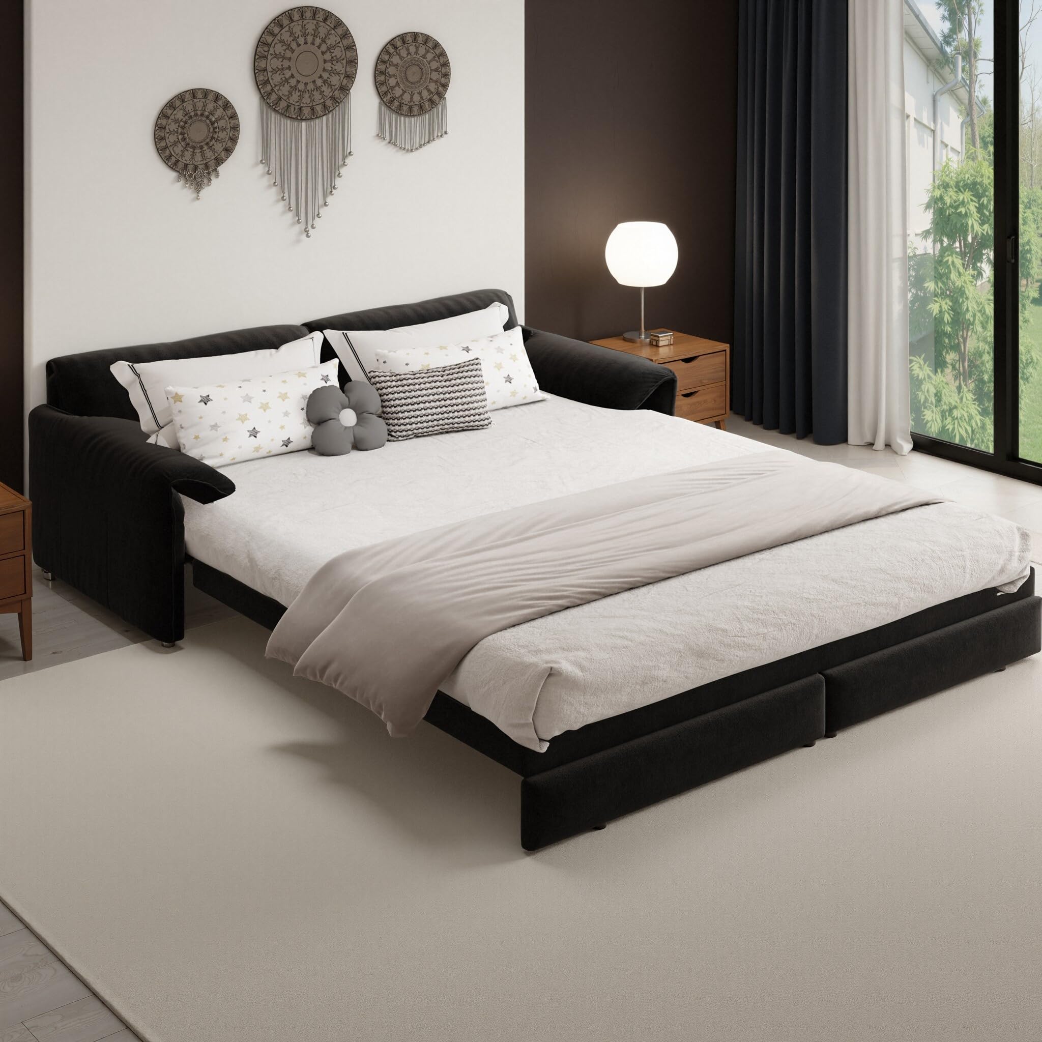 66" Queen Size Pull Out Sofa Bed, 3-in-1 Convertible Sleeper Sofa with Side Storage, Folding Floor Sofa Lounge Couch, Velvet Loveseat Bed for Living Room, Bedroom, Office, Black