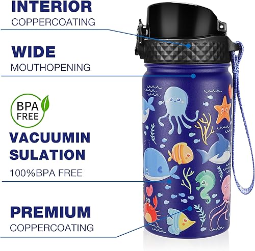 Miniatura 2 de GOPPUS Botella de agua aislada para niños, 14 onzas, sin BPA, botella de viaje de acero inoxidable 188 con popote y doble pared al vacío a prueba de