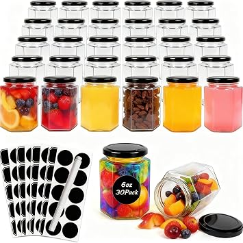 Hexagon Glass Canning Jars with Lids 30-Pack - 180ml Airtight Empty Glass Jars, for Jam, Honey, Pickles, Candle Making, DIY Wedding Favors & Food StorageBlacks Lids