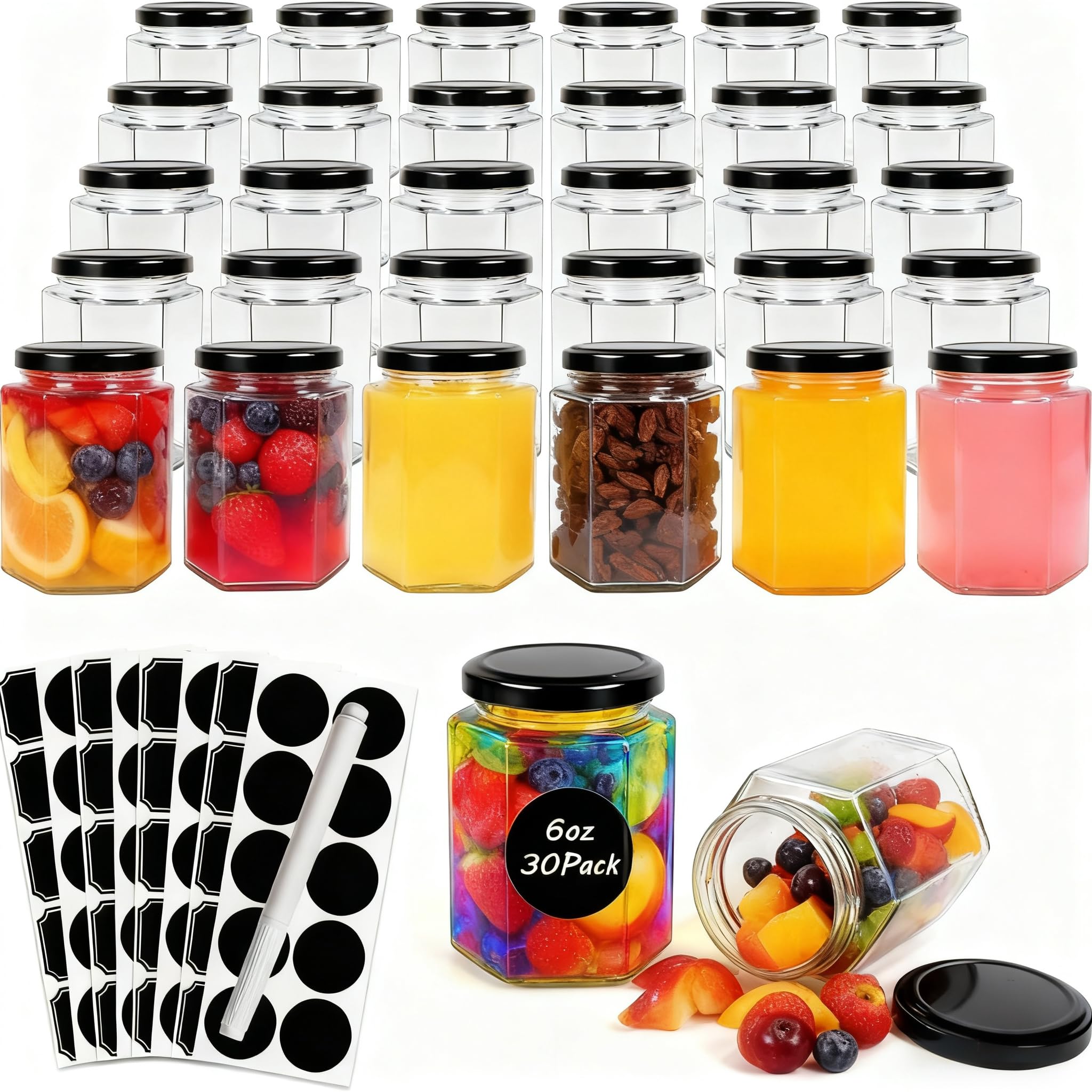 1ZIZIFA8 Hexagon Glass Canning Jars with Lids 30-Pack - 180ml Airtight Empty Glass Jars, for Jam, Honey, Pickles, Candle Making, DIY Wedding Favors & Food Storage(Blacks Lids)