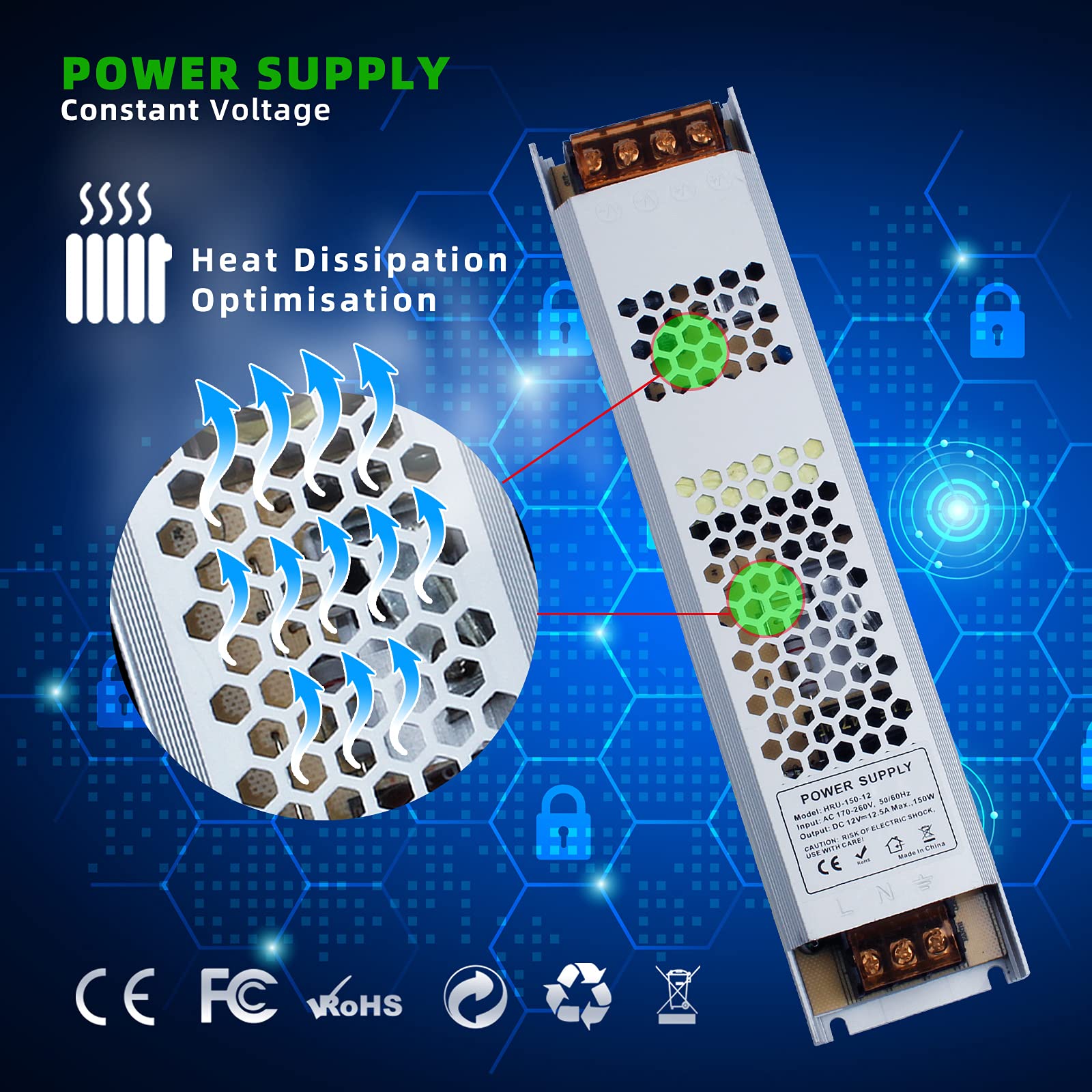 REYLAX LED Driver 12V Transformer for Lights, 150W 12.5A 170260V to