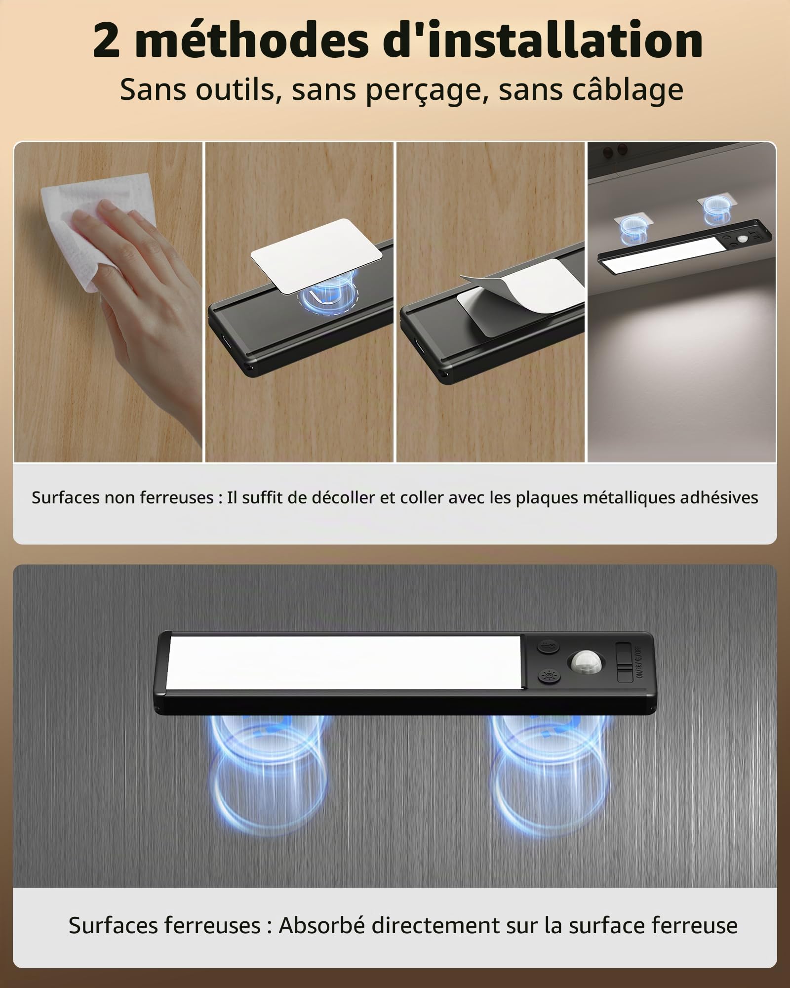 EZVALO Lampe sous-meuble 20 cm, 62 LED Rechargeable USB-C avec Détecteur de Mouvement, Lampe de Placard 1600 mAh 3 Températures de Couleur, Éclairage Intérieur Sans Fil, Noir (Lot de 2)