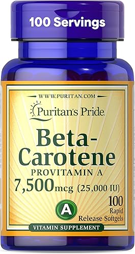 Puritan's Pride Beta Caroteno Provitamina A 7,500 mcg (25,000 UI), suplemento vitamínico para el sistema inmunológico, antioxidante y apoyo a la
