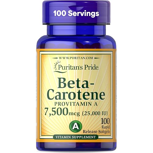 Puritan's Pride Beta Carotene Provitamin A 7,500mcg (25,000 IU), Vitamin Supplement for Immune System, Antioxidant and Eye Health Support, 100 Day Supply, 100 Rapid Release Softgels