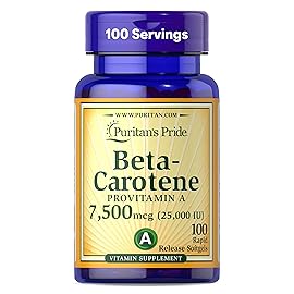 Puritan\'s Pride Beta Carotene Provitamin A 7,500mcg (25,000 IU), Vitamin Supplement for Immune System, Antioxidant and Eye Health Support, 100 Day Supply, 100 Rapid Release Softgels
