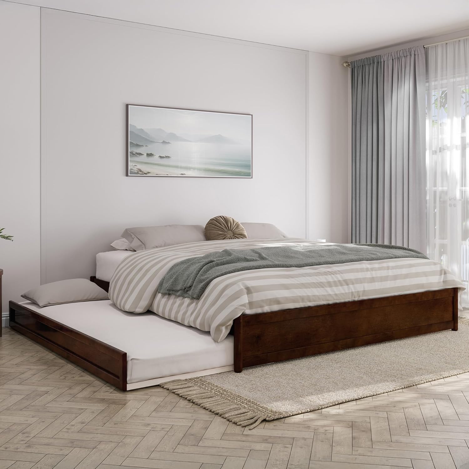 AFI, Barcelona King Panel Platform Bed with Twin XL Trundle, Walnut