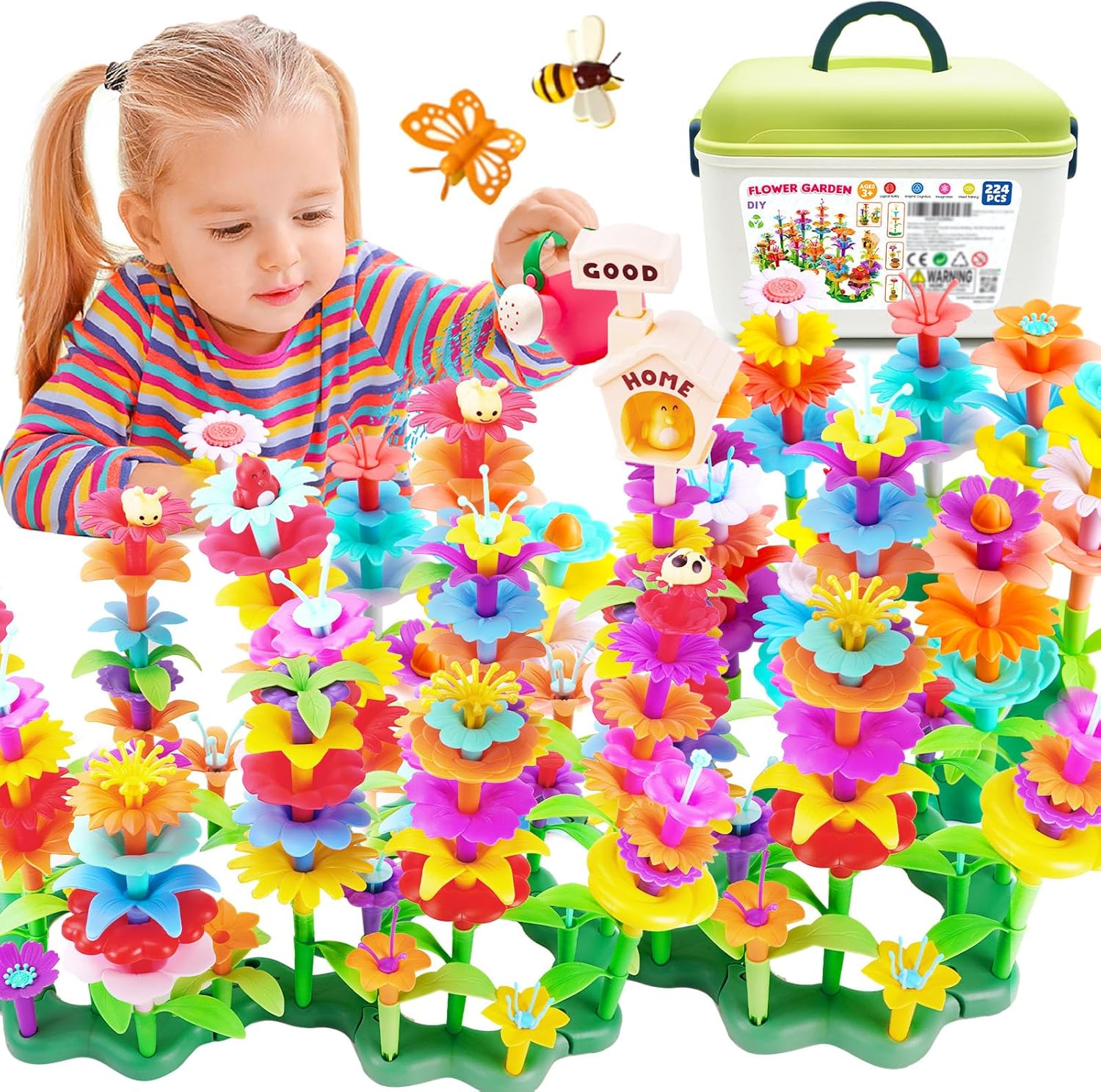 FUNZBO 224pcs Flower Garden Building Toys Set - Easter Spring Toys for 3 4 5 6 7 Years Old Girl, Sorting & Stacking Building Block, STEM Montessori Educational Toy for Kid Toddler Birthday Gift Ultra Set - 224pcs