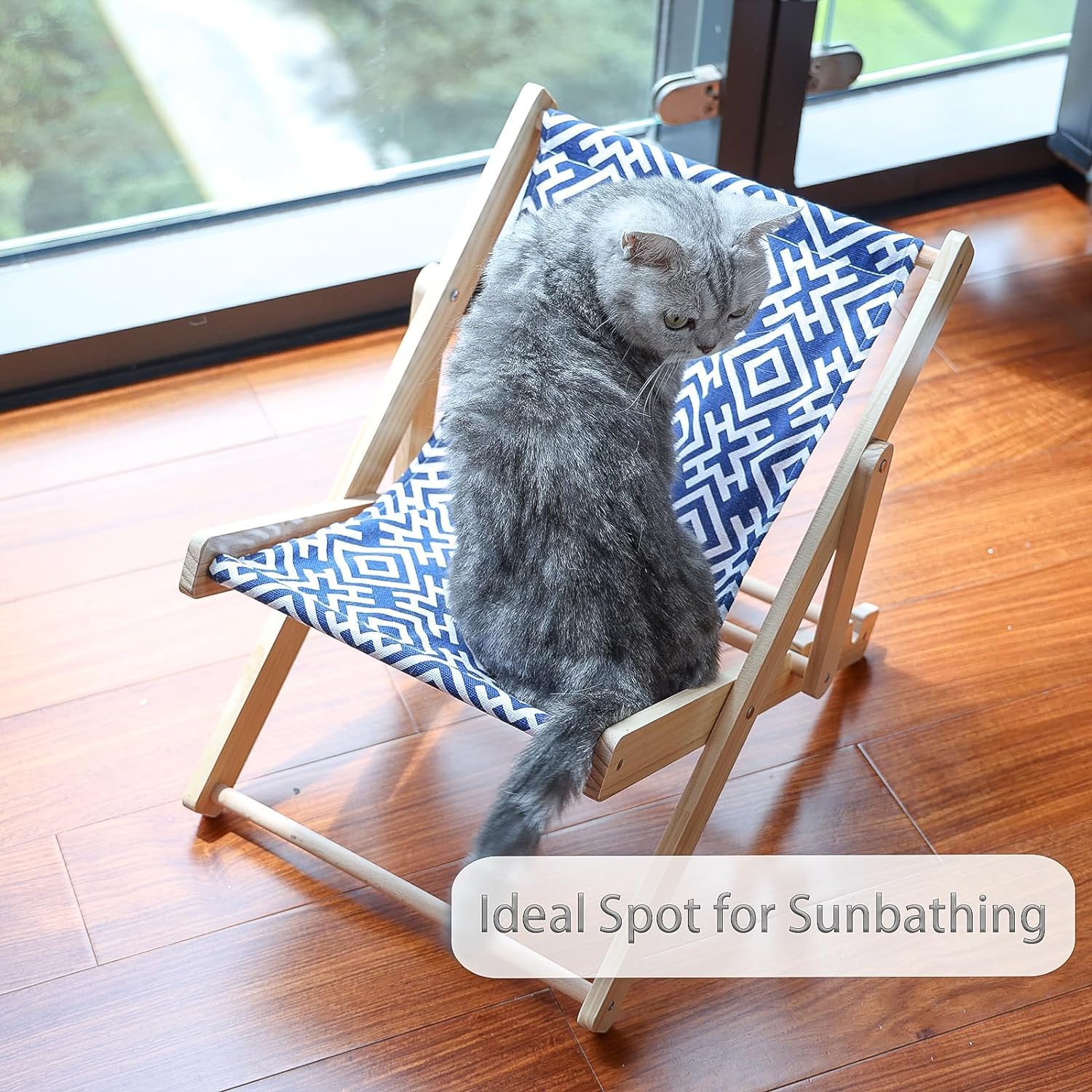 أرجوحة قطط، أثاث قطط، كرسي شاطئ صغير للقطط، سرير قطط للاسترخاء مع خدش سيزال متين ولا يتساقط، كرسي قطط خشبي للقطط للأماكن الداخلية (قماش، أزرق كحلي)