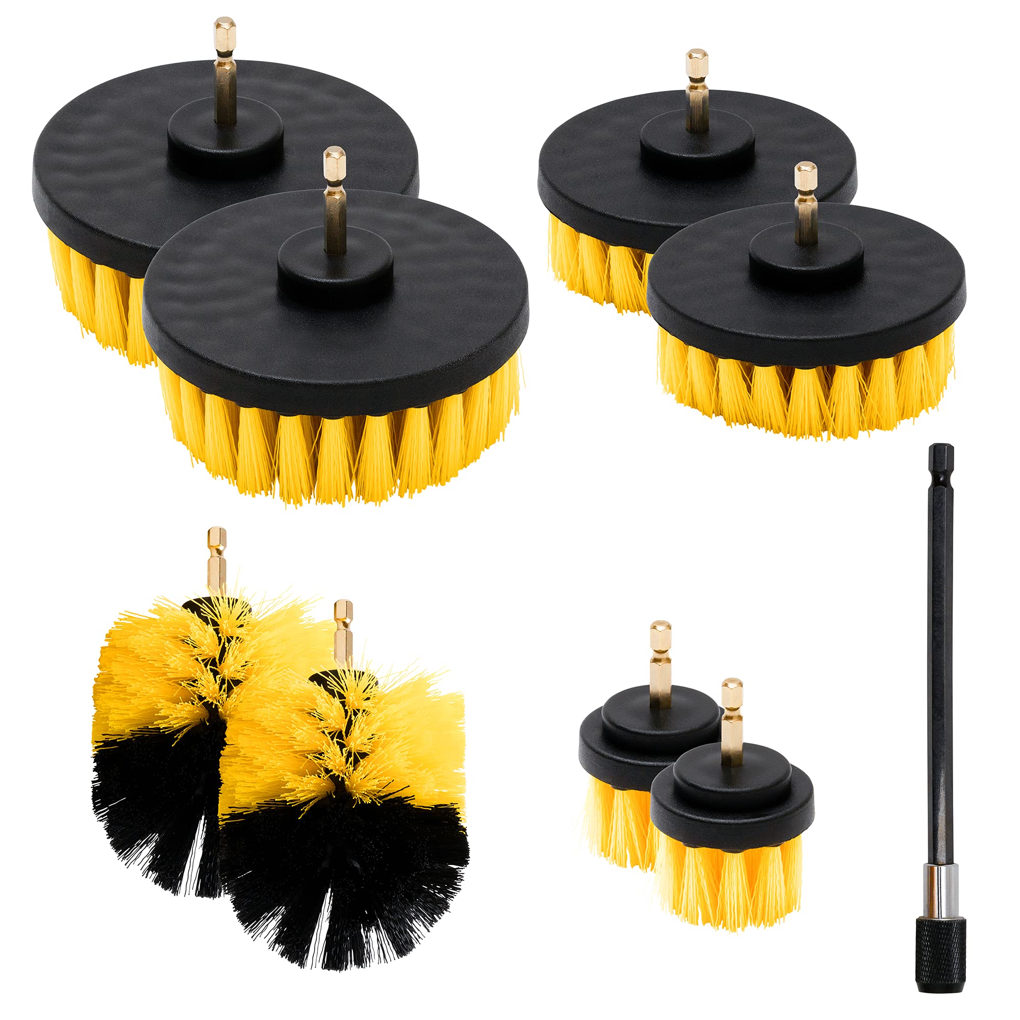Neiko Drill Set | 9PC General All-Purpose Cleaning for Home and Automotive| Power Scrub Brushes with Extended Reach Attachment, Grout, Black and Yellow