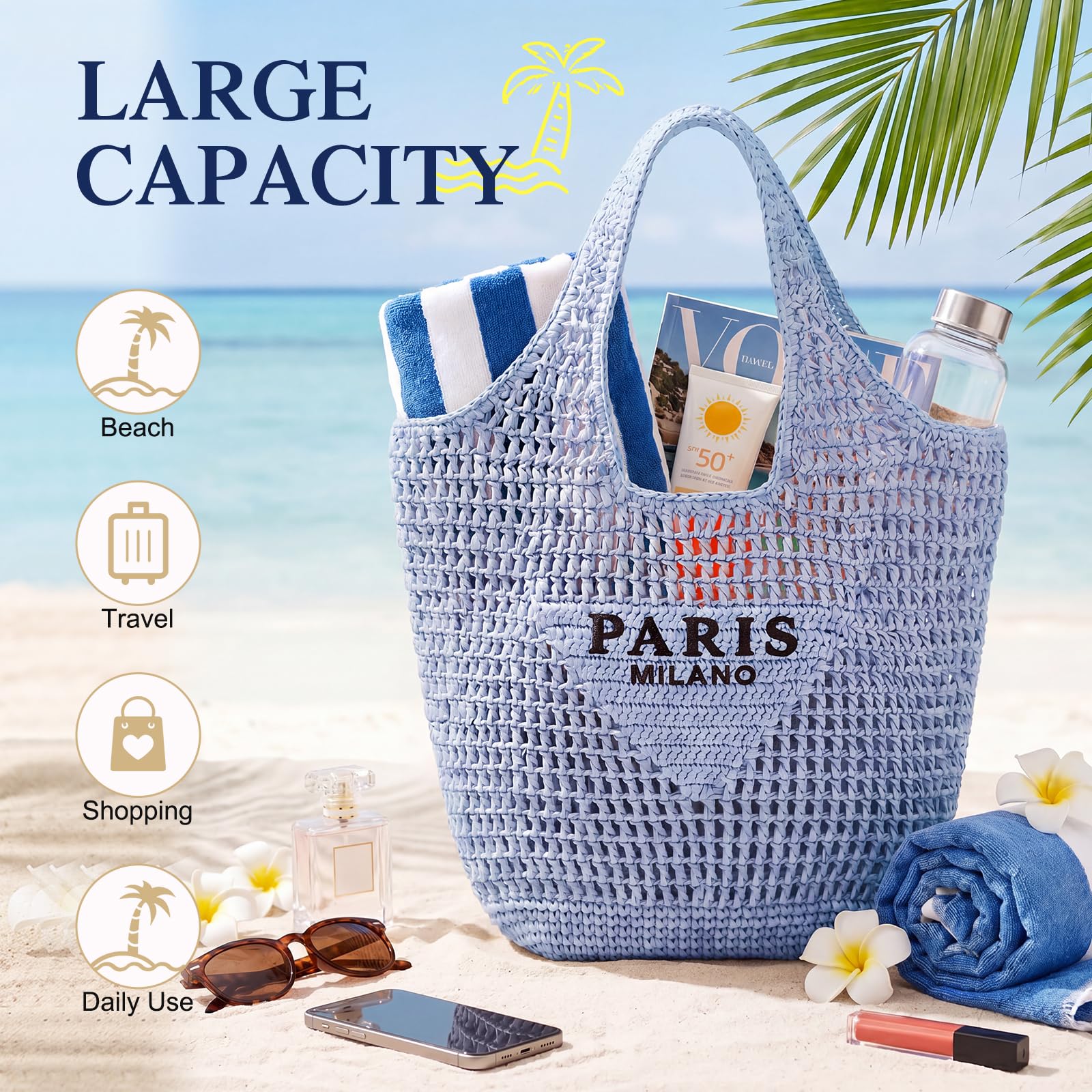 POOOPSSD Bolsa tejida de malla de paja, bolsa de playa, bolsa de hombro, Hobo para mujer, plegable, gran capacidad, para vacaciones.