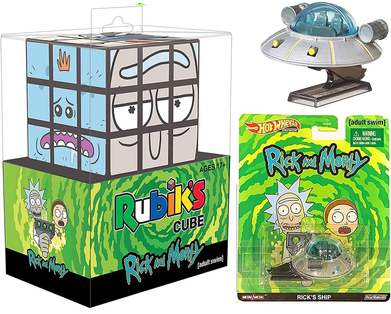 Galaxy Ship Flying Saucer Rick & Morty Galactic Space Rick's Ship Pop Culture Premium Vehicle Bundled with Character Puzzle Match Cube 2-Items