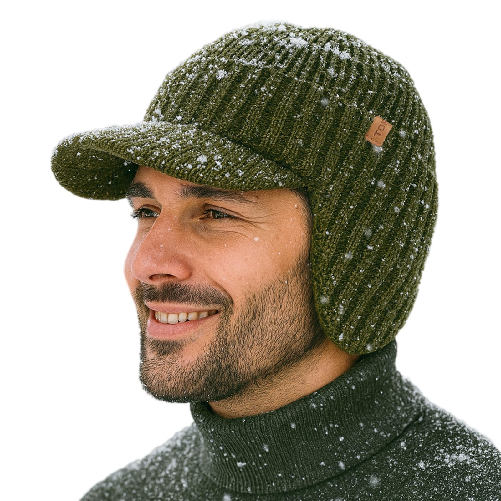 TOP-EX DryKnit™ - Berretto da uomo con visiera in 80% lana merino, impermeabile, con paraorecchie e fodera in pile, con visiera termica invernale da golf, per la stagione fredda, M-XXL, Verde, M/L