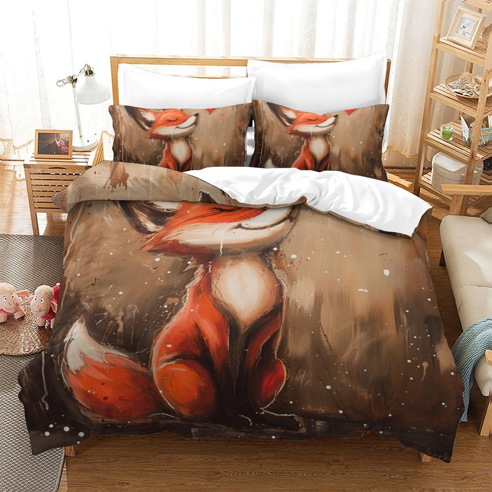 Housse de couette renard 200x200 cm avec 2 taies d'oreiller pour lit double enfant