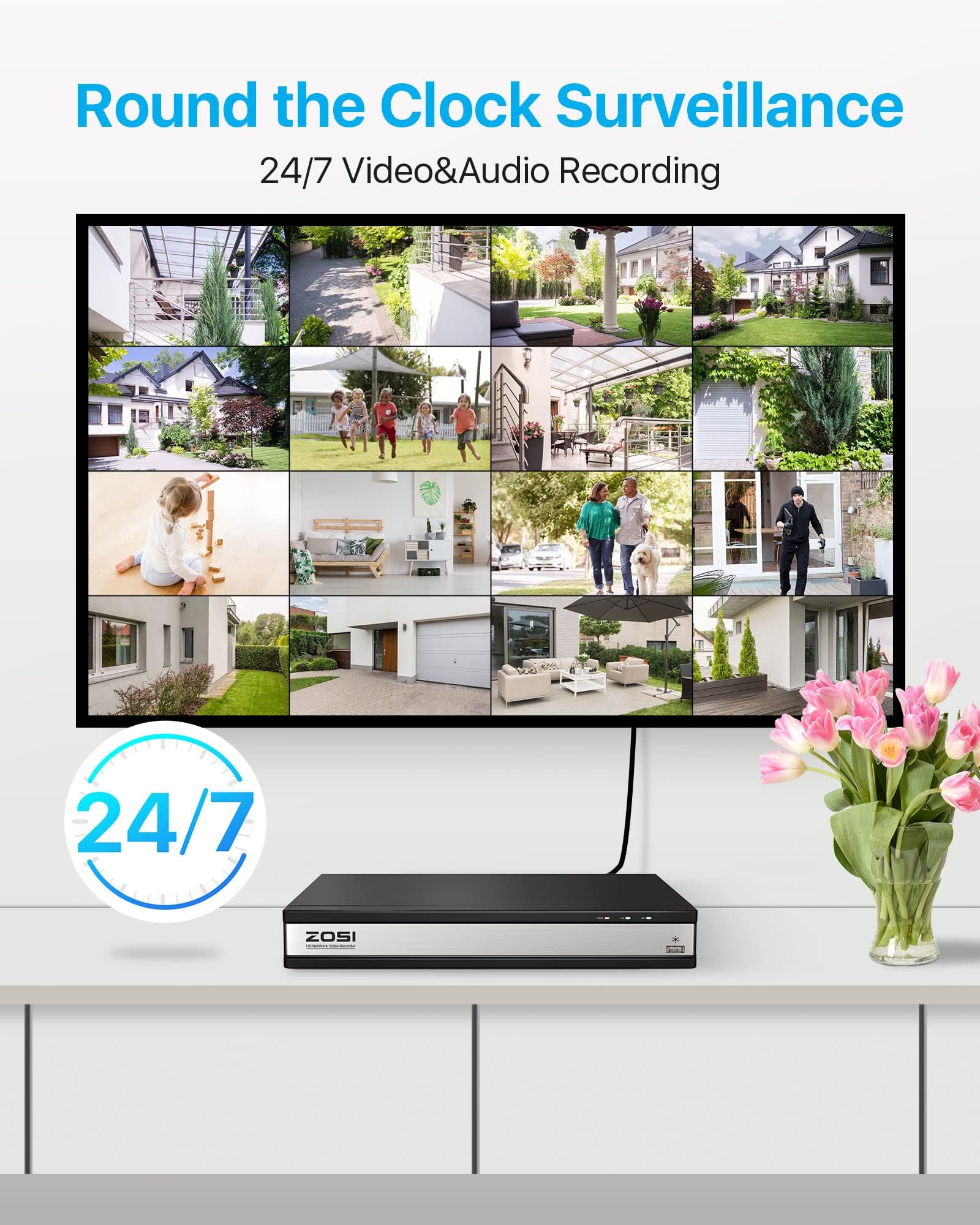 ZOSI 4K CCTV Kit de Videovigilancia PoE 16pcs Cámaras de Seguridad Exterior con 16CH 8MP H.265+ Grabador NVR, Visión Nocturna en Color, Alarma de Luz y Sirena, Audio, 4TB HDD Incluido