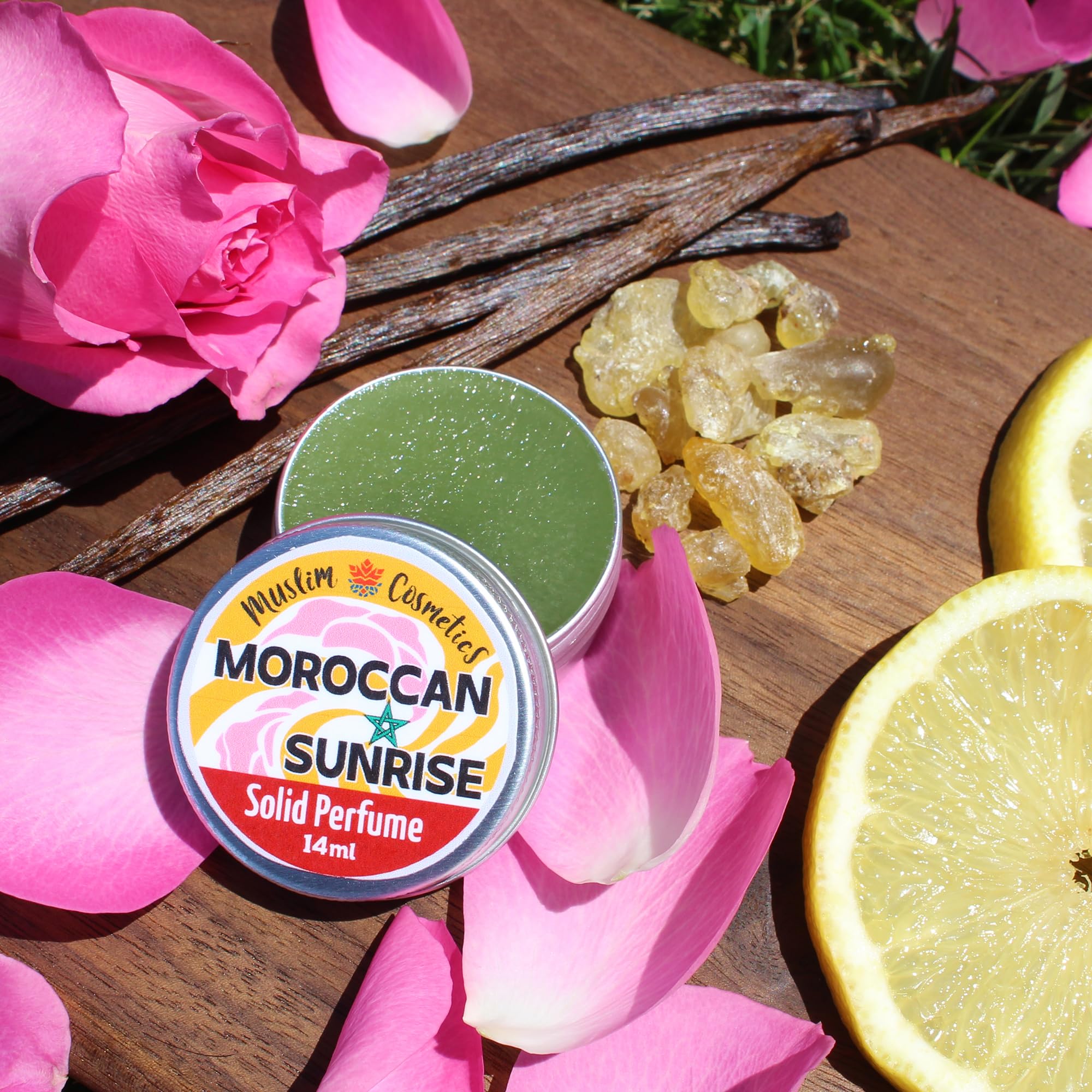 Moroccan Rose SOLID perfume | Real Lemon | Vanilla | Myrrh | Frankincense | Blue Tansy | Halal | Vegan || Made in Canada - Muslim Cosmetics - Moroccan Sunrise 0.5oz / 14ml