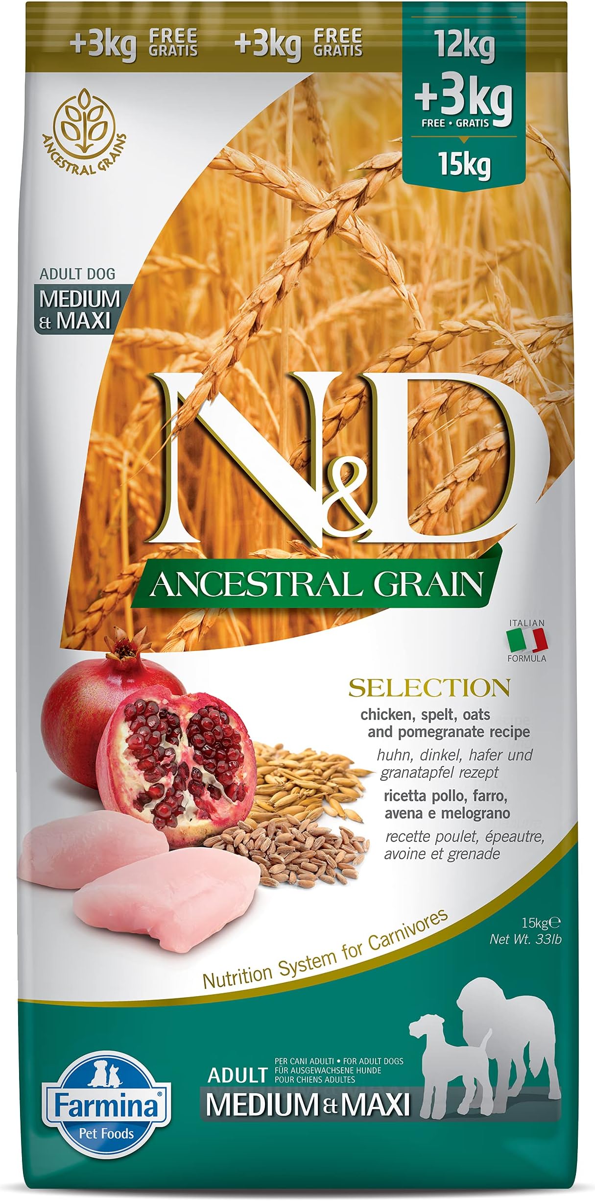 PET FOODS Ancestral Grain Selection Dry Dog Food, Adult Medium & Maxi Breed, 12kg + 3kg Free, Chicken and Pomegranate