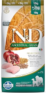 Farmina Natural and Delicious Ancestral Grain Adult Medium Maxi Chicken Spelt Oats and Pomegranate Recipe Adult Dog Dry Food 33 pounds