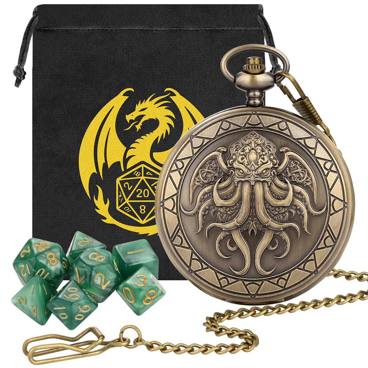 Mini DND Dice Set, 7pcs Polyhedral Acrylic Dice Set, with Octopus with Wings Pocket Watch Case, DND Starter Set, DND Gift Bag with Dragon Logo, Role Play Board Game Accessories, Bronze + Green