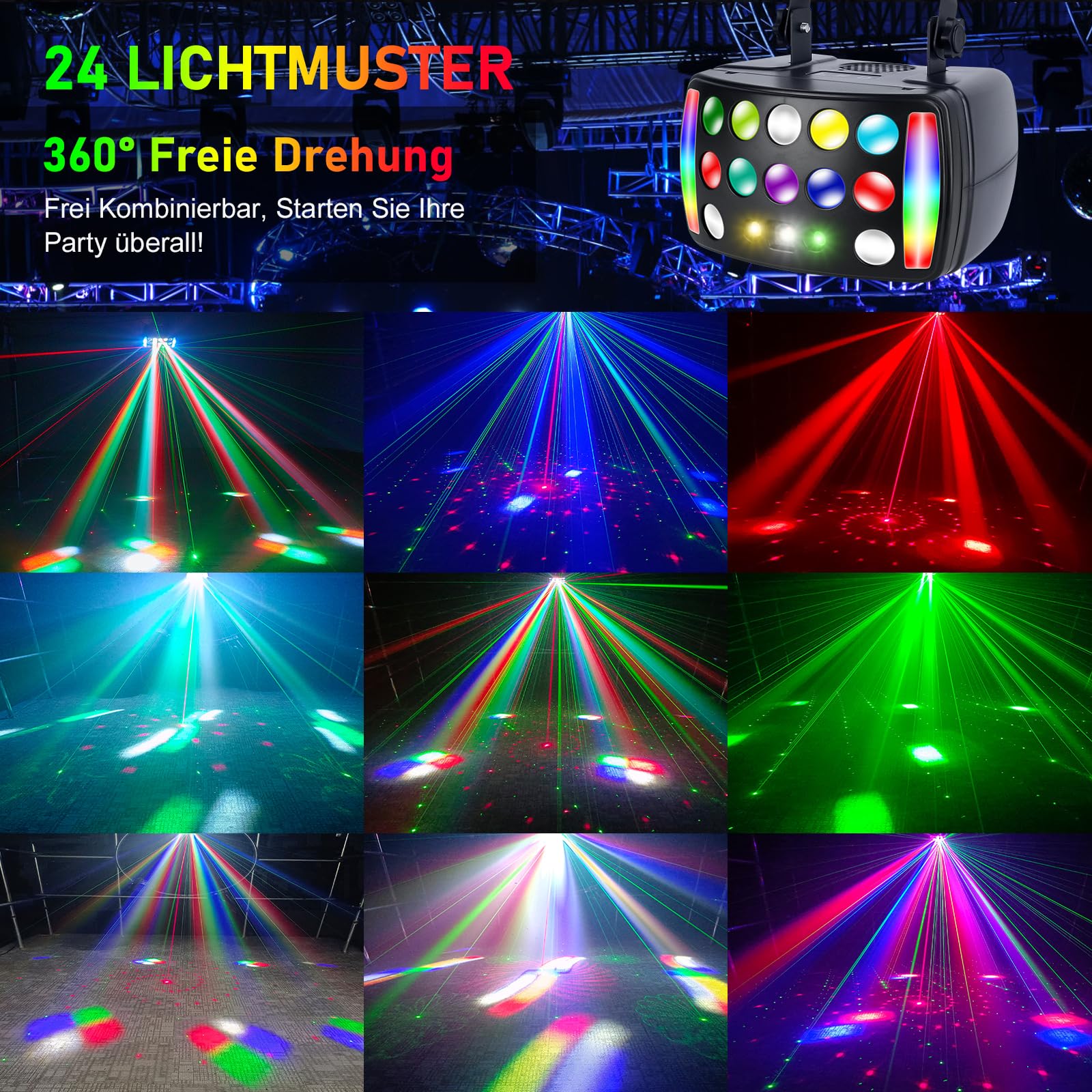 Lumière Disco de Fête avec Télécommande, Perles de Lampe 4 en 1, Stroboscope Disco avec Musique Contrôlée, Boule Disco avec Support à 360° pour Anniversaire de Club, Noël 50W RGB DMX 512 Derby Light
