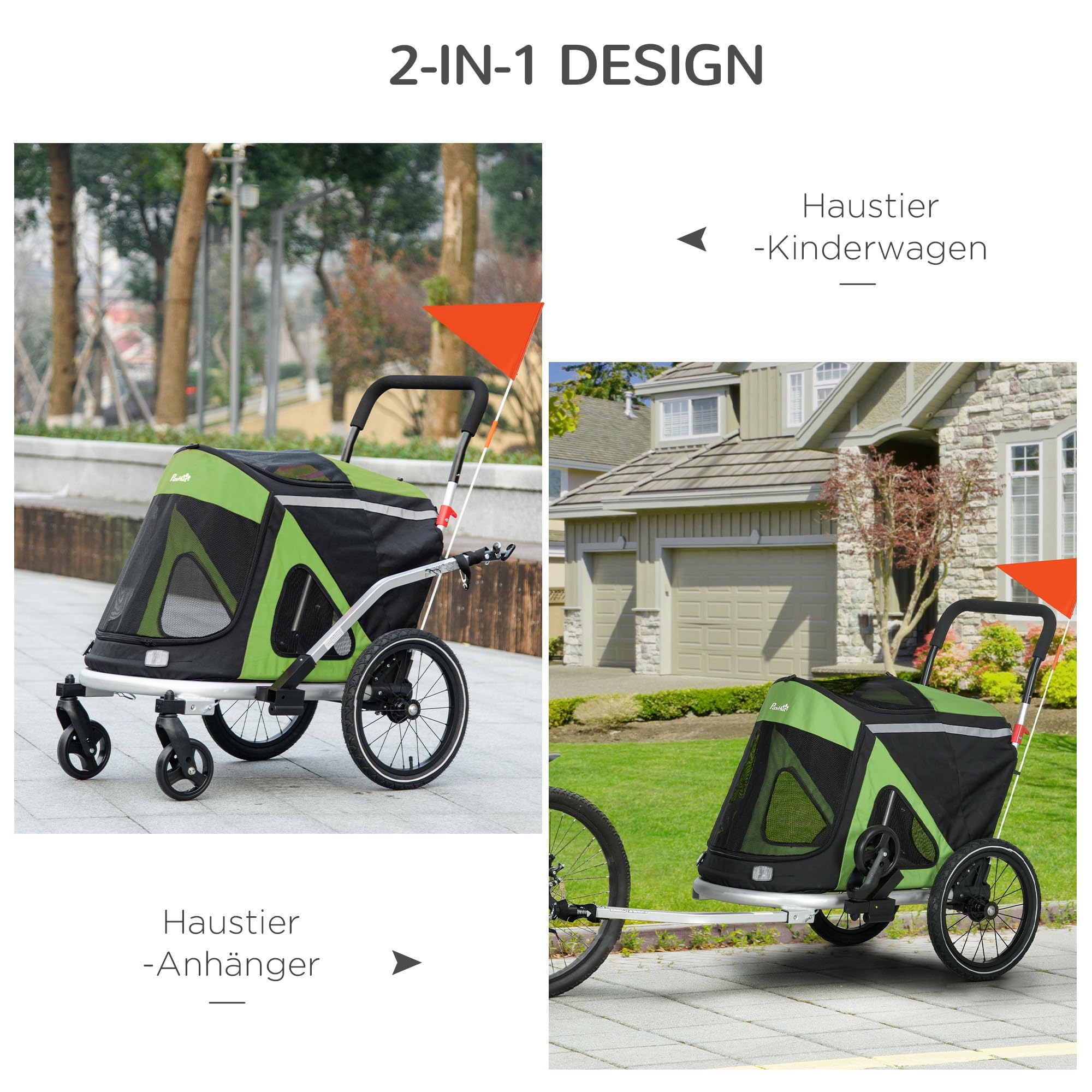 Aosom Remorque vélo et Poussette 2 en 1 Pliable Chiens Moyens Vert