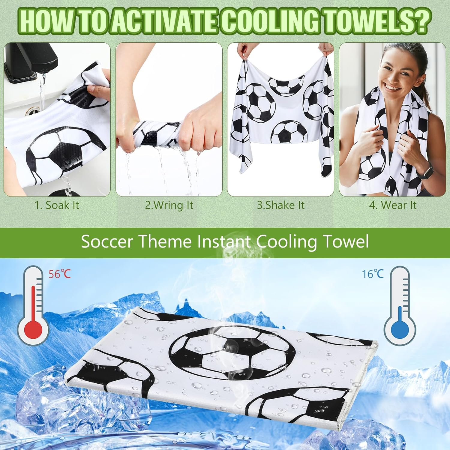 Tudomro 24 Pcs Soccer Gifts, Includes 12 Pcs Soccer Cooling Towels 40"x12" Gym Cooling Towels, 12 Mini Handheld Fan small Portable Fan for Team Gifts, Sport Party Favor, Battery Not Include