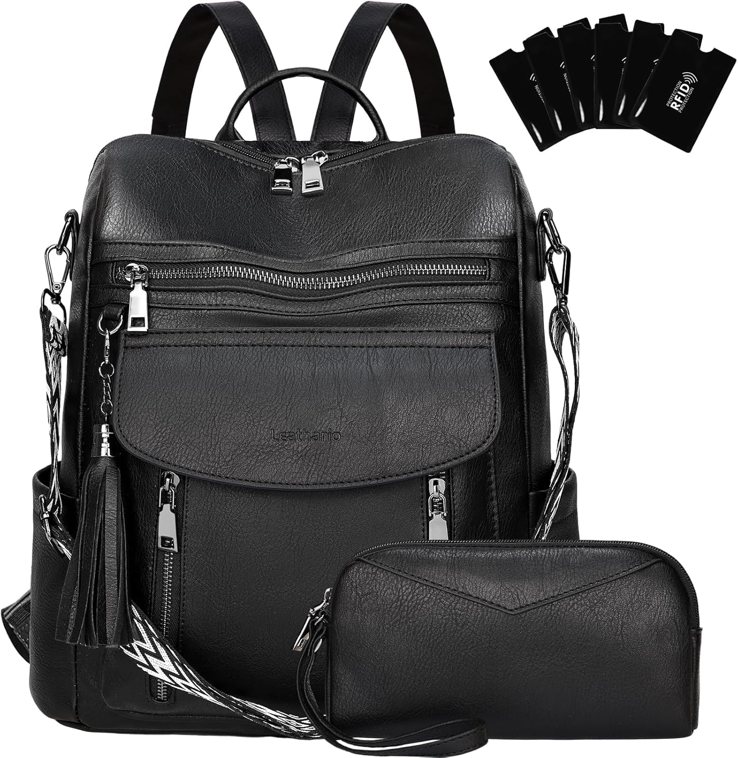 Leathario Zaino da Donna in Pelle Vegana Impermeabile e Antifurto, Zainetto Elegante per Laptop, per Ufficio, Università e Viaggi(Nero Assoluto)