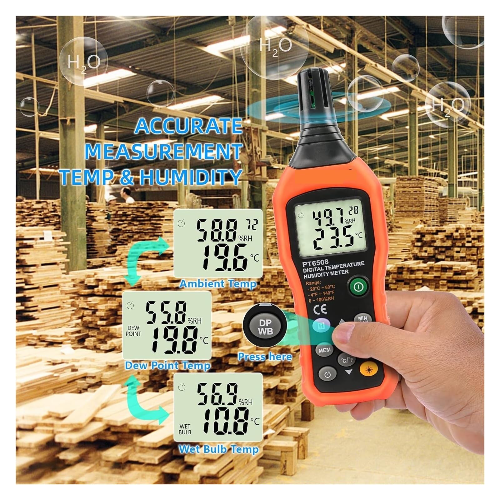 Medidor de temperatura y humedad PM6508, termómetro e higrómetro digital con temperatura ambiente, punto de rocío y bulbo húmedo for interiores y exteriores.