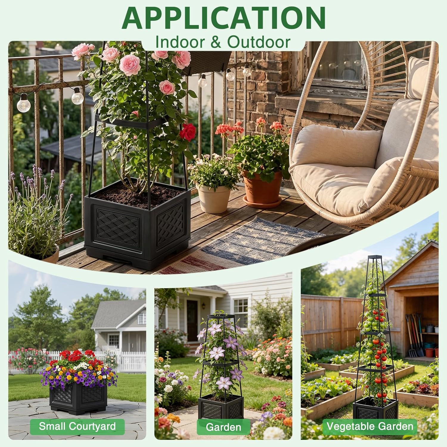 Tomato Planter with Wheels, 57" Self Watering Raised Garden Bed with Tomato Cage & Trellis for Light Climbing Plants, Cherry Tomatoes, Clematis, Herbs, Indoor & Outdoor Gardening for Patios, 2 Pack