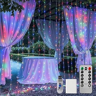 300 LED Curtain String Lights, 9.8 FT Hanging Fairy Lights with Remote, 8 Modes, Waterproof Window Lights for Bedroom Backdrop Wedding Outdoor Christmas Decoration, Multicolor