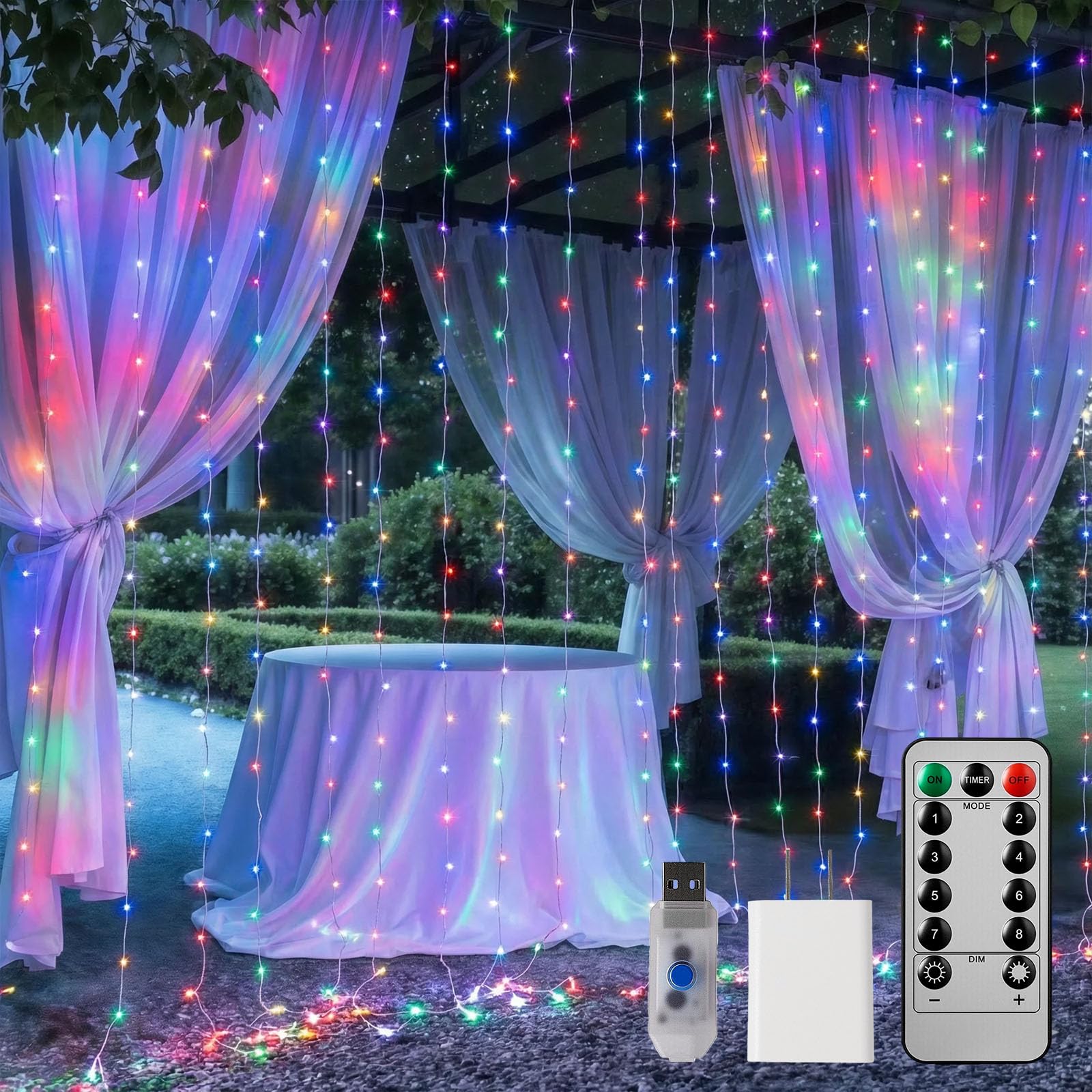 300 LED Curtain String Lights, 9.8 FT Hanging Fairy Lights with Remote, 8 Modes, Waterproof Window Lights for Bedroom Backdrop Wedding Outdoor Christmas Decoration, Multicolor