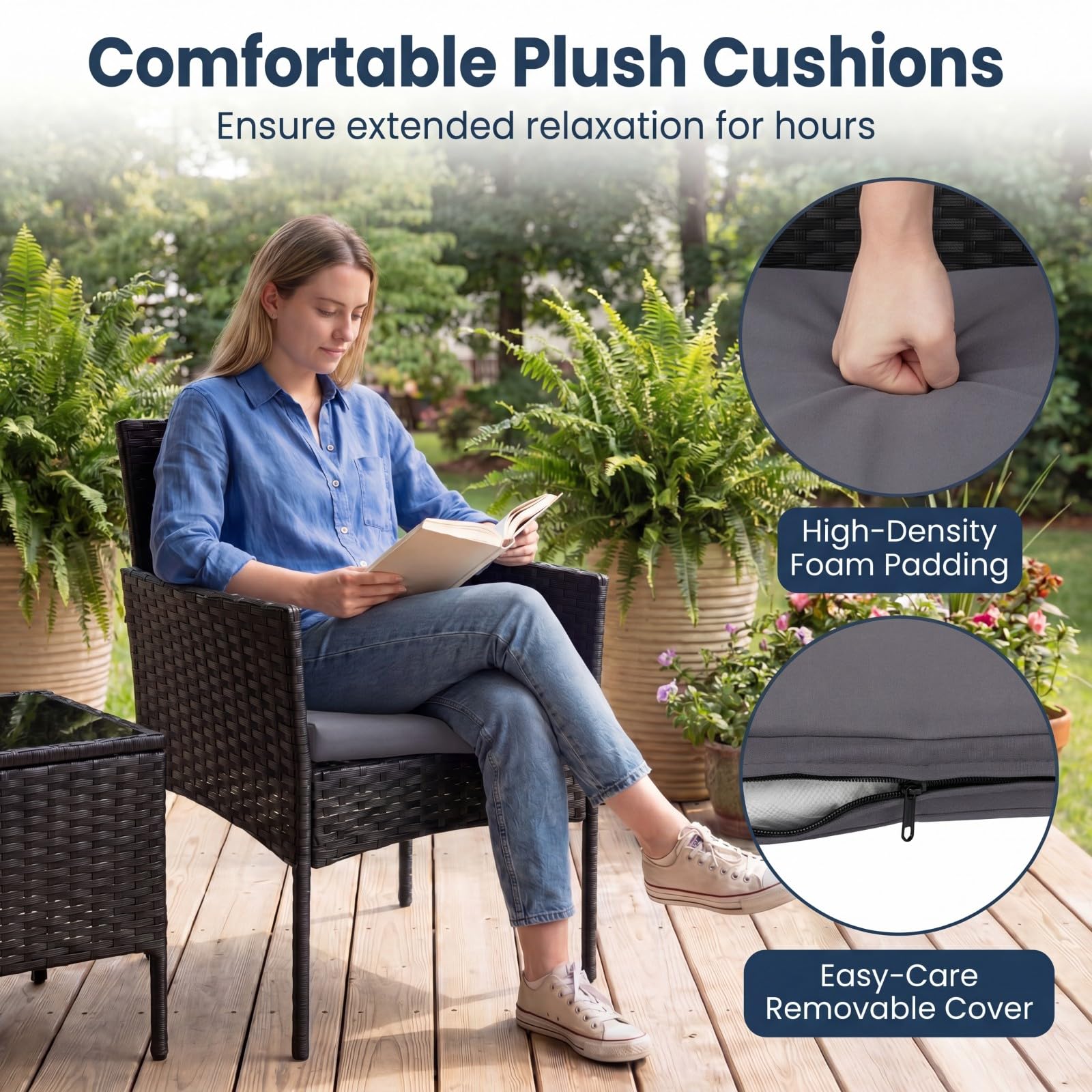 GIANTEX Juego de Muebles Jardín 3 Piezas, 2 Sillones con Cojines Extraíbles y Mesa Auxiliar de Vidrio, para 2 Personas, Muebles de Ratán Exterior para Patio, Balcón, Terraza (Gris)