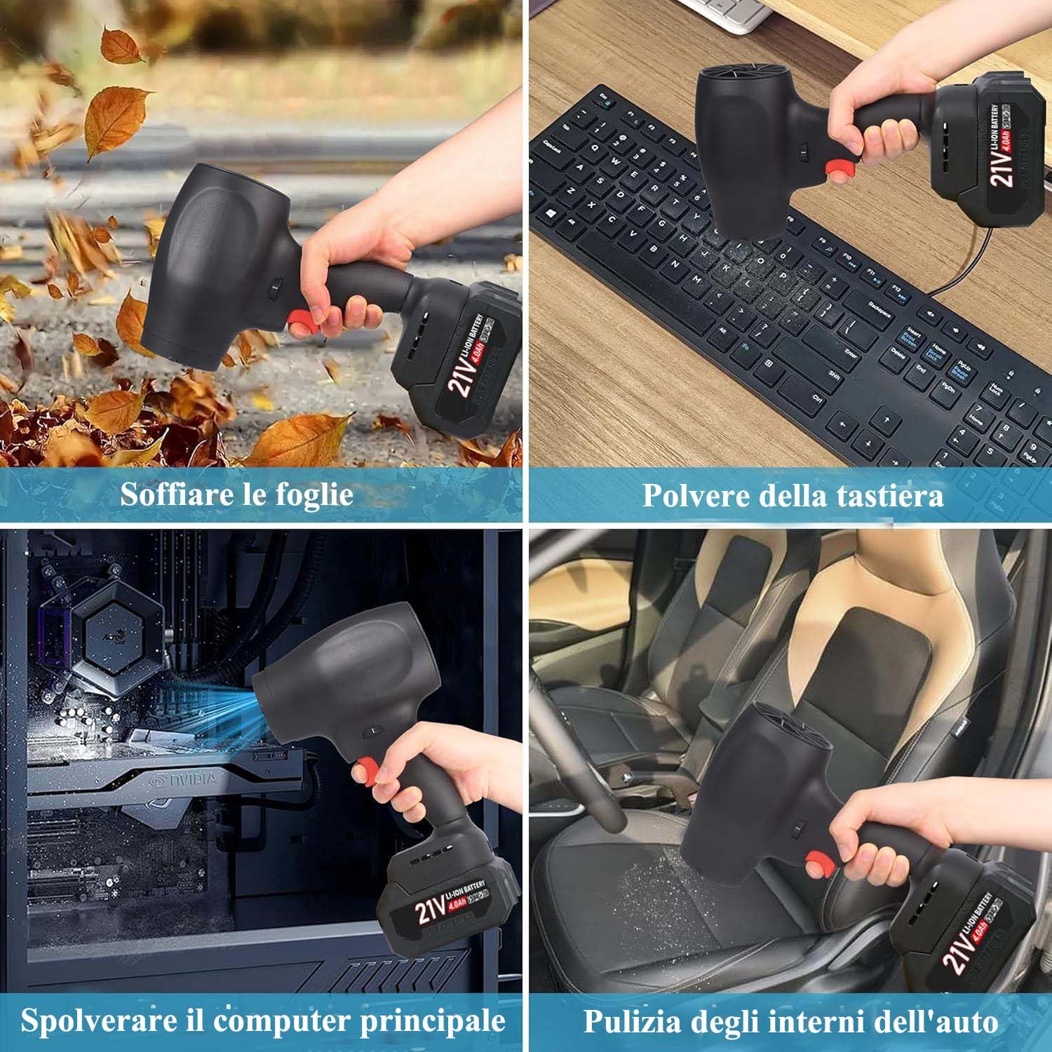 Soffiatore Turbo Senza Fili con 1 x 4000mAh Batteria, Soffiatore per Foglie Brushless 130.000 Giri/min, Mini Ventilatore a Getto Elettrico per Neve, Polvere, con Ugello Esteso