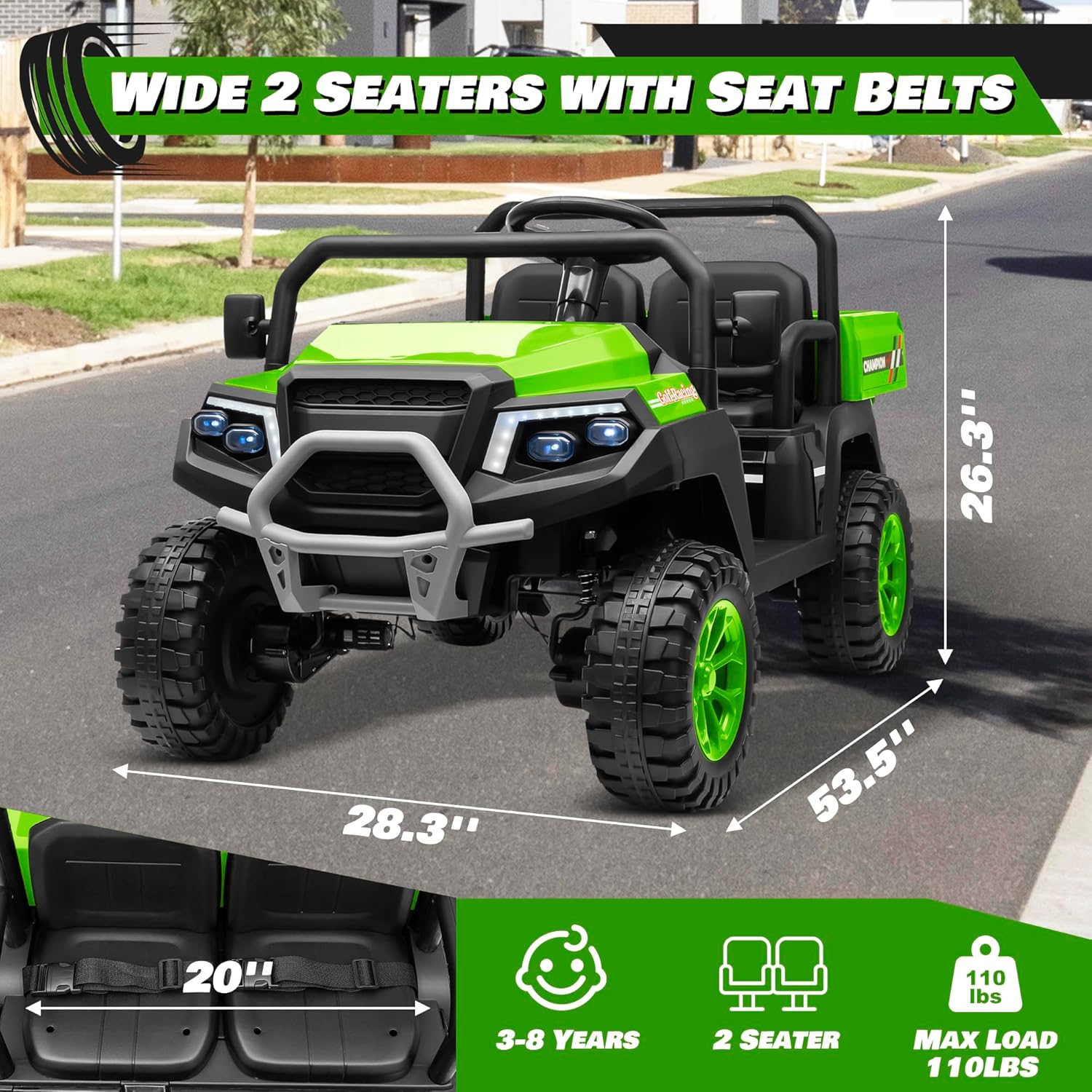 JOYRACER 24V Ride on Car 4WD Golf Cart w/800W Motors, 20''2 Seater, Gift Flower, 2.4G Remote Control, 4 Wheeler, Music, LED Light, 24 Volt Ride on Toy for Big Kids, M-Green