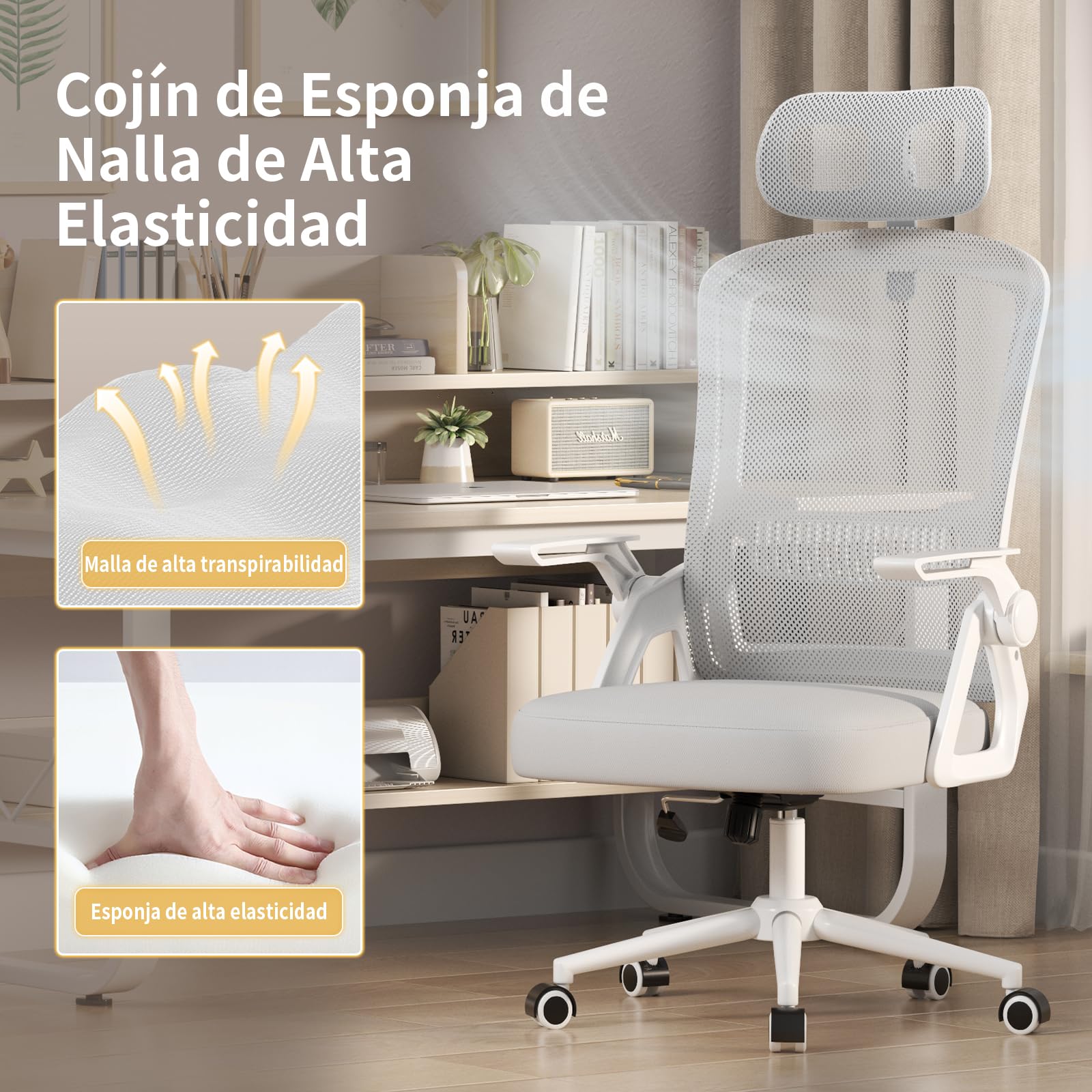 naspaluro Silla Oficina Ergonómica, Silla Escritorio con Reposacabezas | Reposabrazos Abatibles, Asiento Transpirable de Malla, Silla Giratoria para Ordenador, Homeoffice y Gaming Gris