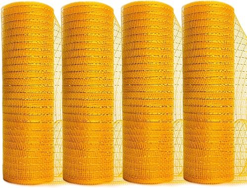 Miniatura 7 de Ribbli 4 rollos de cinta de malla de oro amarillo claro, 10 pulgadas x 30 pies (10 yardas) cada rollo, oro amarillo metálico con lámina dorada, uso