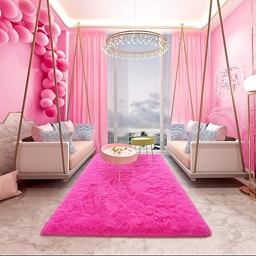 Miniatura 6 de Noahas Alfombras mullidas de color rosa intenso para dormitorio, 4 x 6 pies, alfombra suave para habitación de niños, alfombras gruesas para sala de