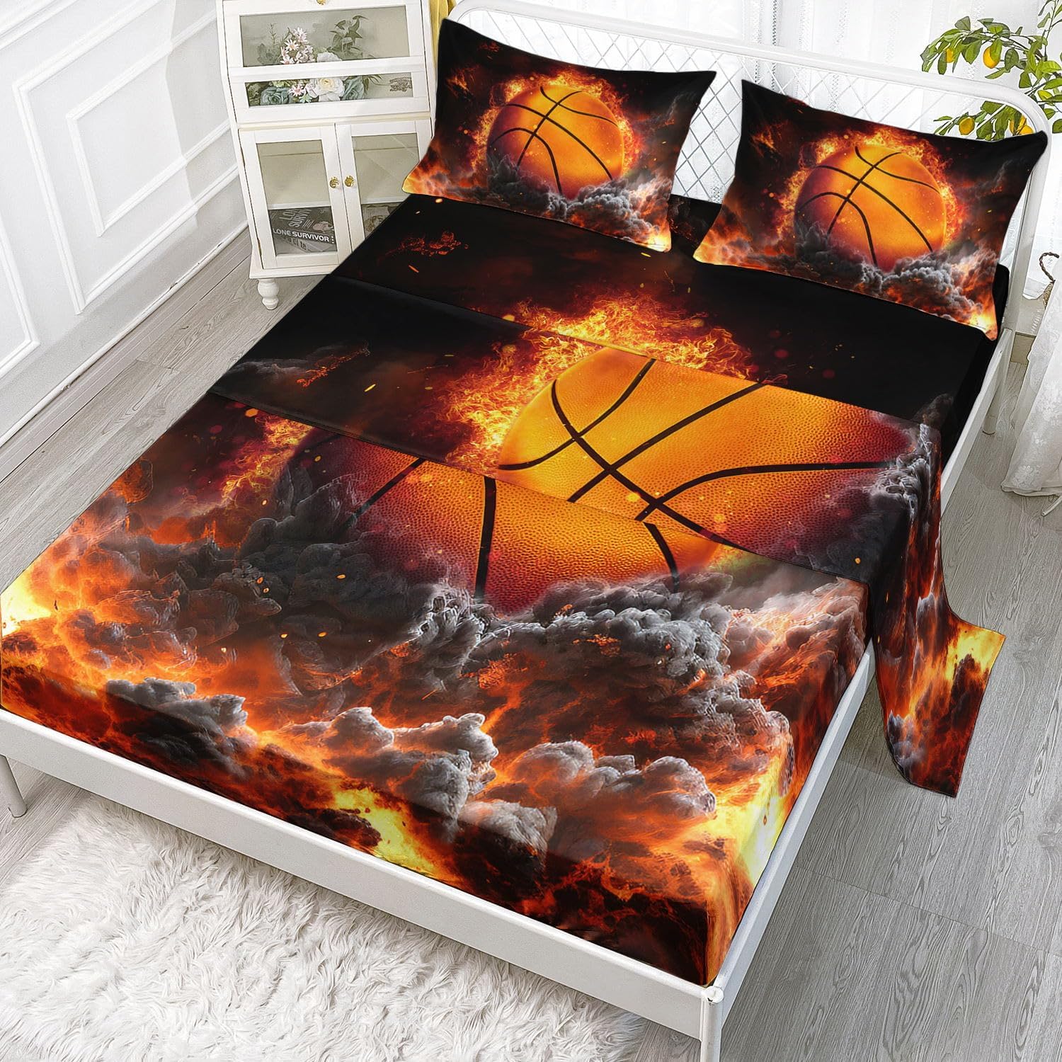 Ice and Fire Lion Printed Full Sheets Set 4 Pcs Bed Sheet for Teens,Boys,Girls,with 1 Flat and 1 Fitted Sheet + 2 Pillowcases(Lion Full)