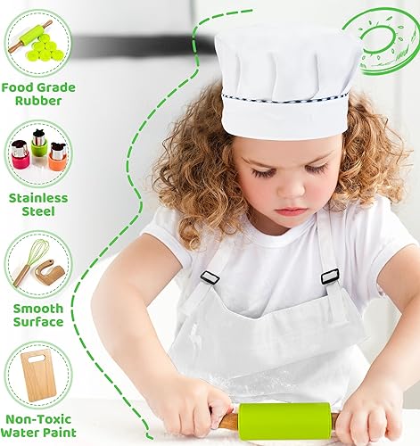 Miniatura 5 de Juego de cocina y hornear para niños con estuche de almacenamiento, juego de herramientas de cocina Montessori para niños pequeños con sombrero de