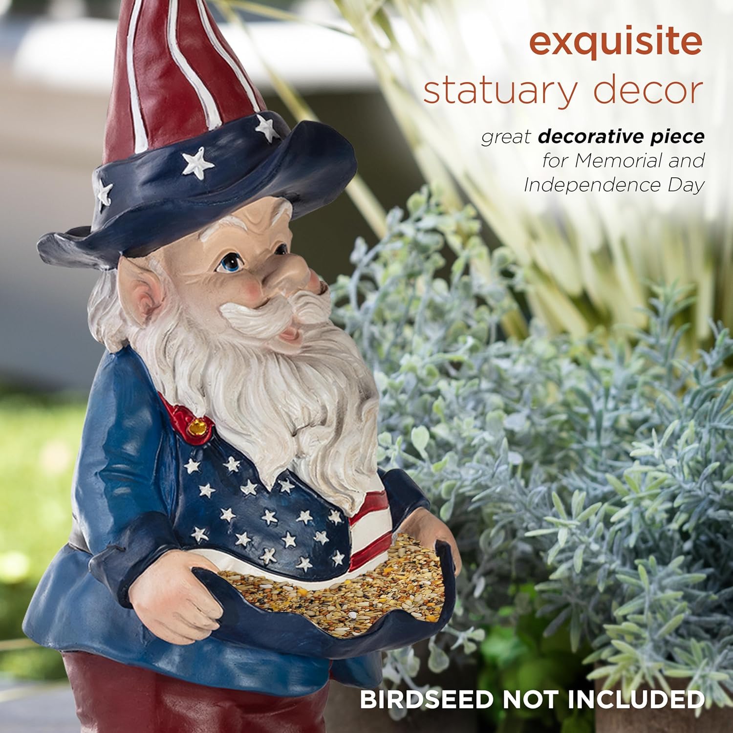 Alpine Corporation 12" Tall Outdoor Americana Garden Gnome with American Flag Bird Feeder and Yard Statue Decoration