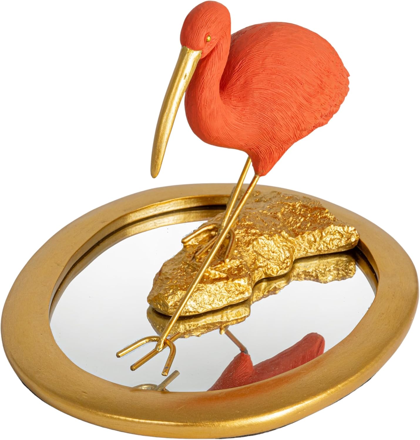 Scarlet Ibis Figurine on Gold Mirrored Tray