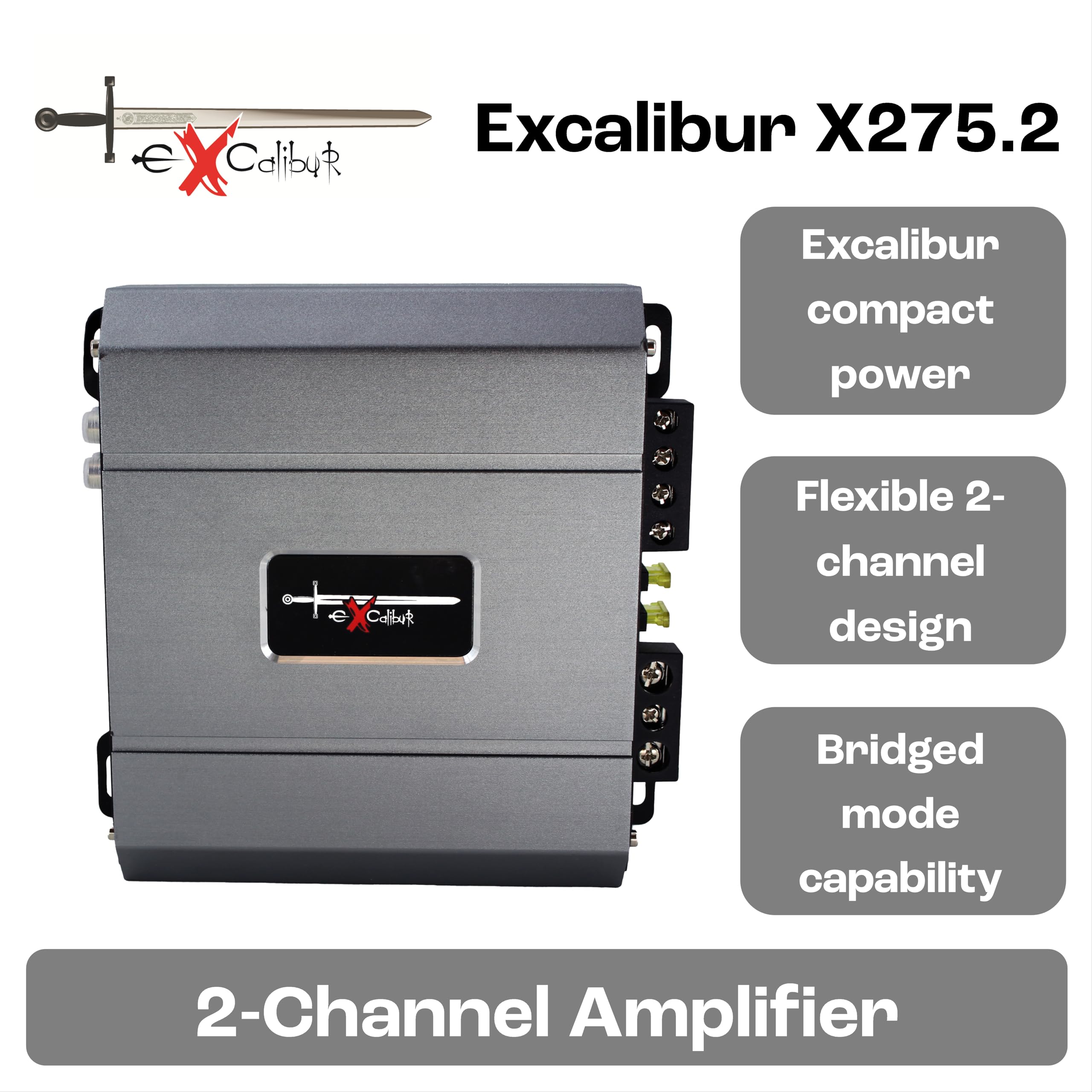 Excalibur X275.2 Amplificatore Audio Auto 2 Canali Stereo 2x650W con Bass-Boost 12 dB, Amplificatore Auto Subwoofer 1300W in modalità Bridge, Sub Sonic 10-50Hz e Low Pass Filter 50-200Hz, Serie 2025