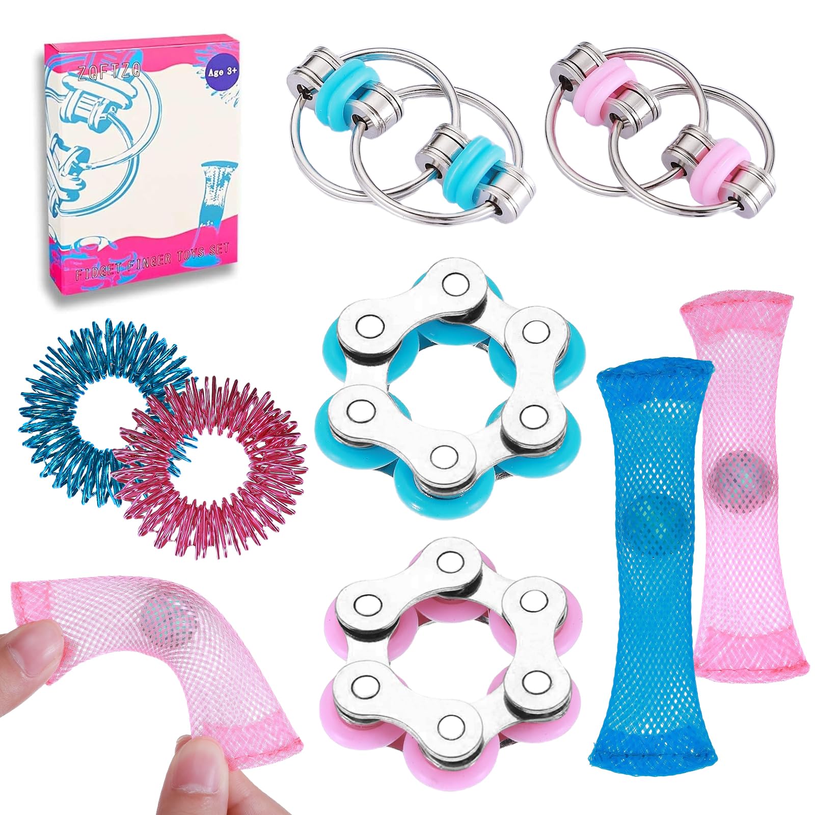 8Pcs Sensory Fidget Toys with Fidget Spinner,Spiky Sensory Finger Acupressure Rings Bike Chain Marble Mesh Fidgets Quiet Toys for Autism,Anxiety Toy Stocking Stuffers Gift for Boys Girls