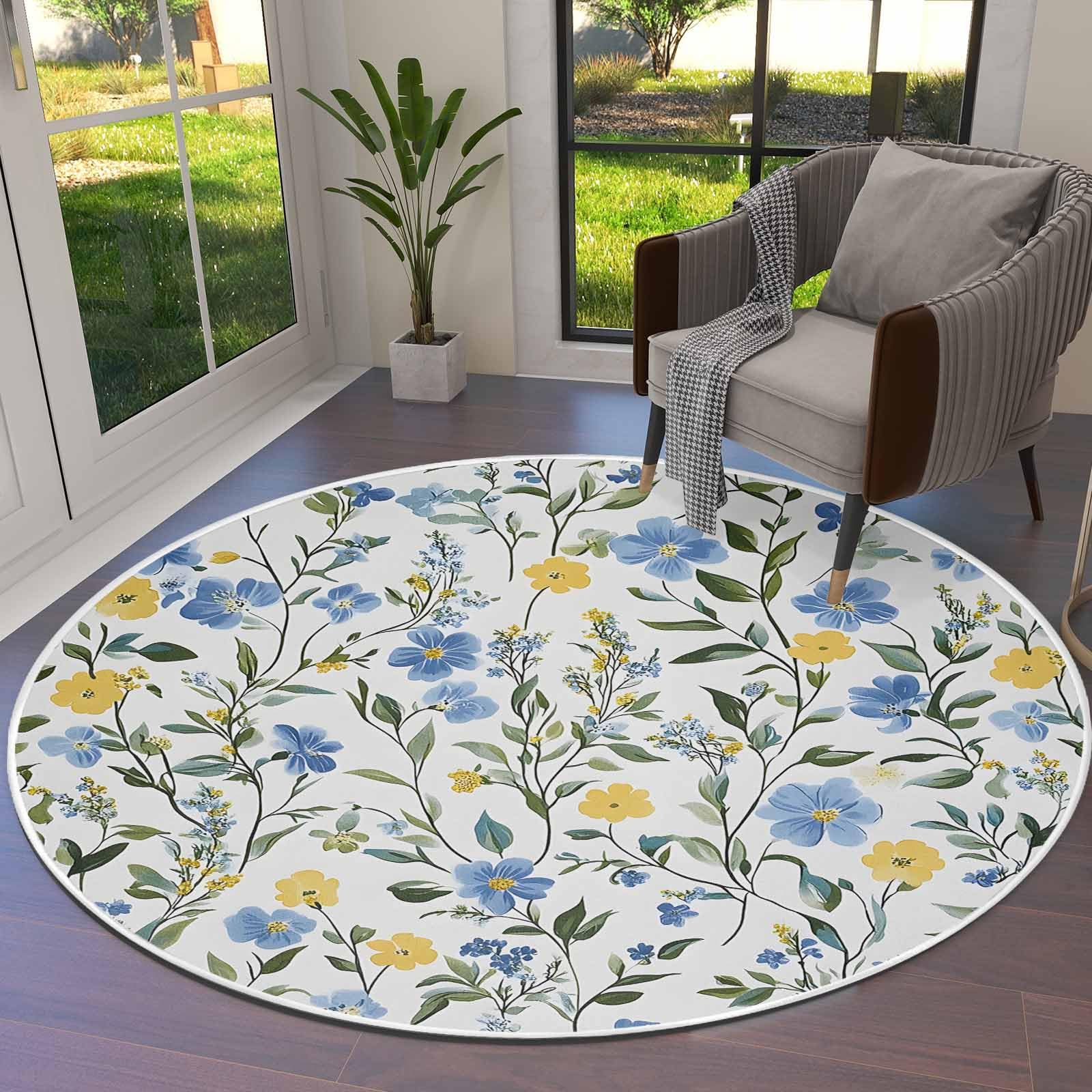 DecorLovee Blue Yellow Floral Spring Round Area Rugs 4ft - Soft Area Rug for Kids Room, Summer Botanical Pastoral Green Machine Washable Living Room