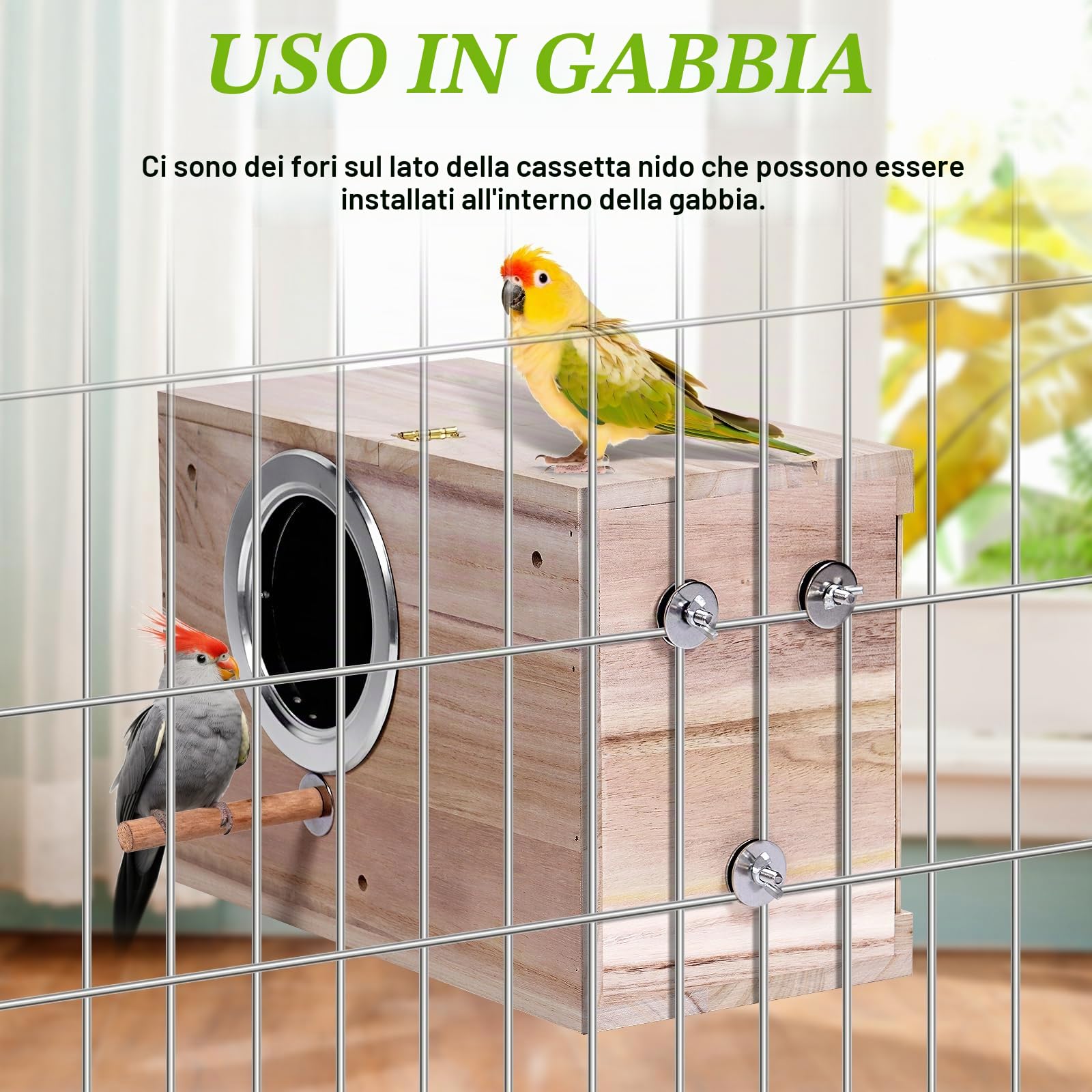 Nido per uccelli in legno per parrocchetti per piccioncini, pappagalli, scatola di accoppiamento per uccelli selvatici, gabbia per pappagallini, calopsitte, cova Coops (L)