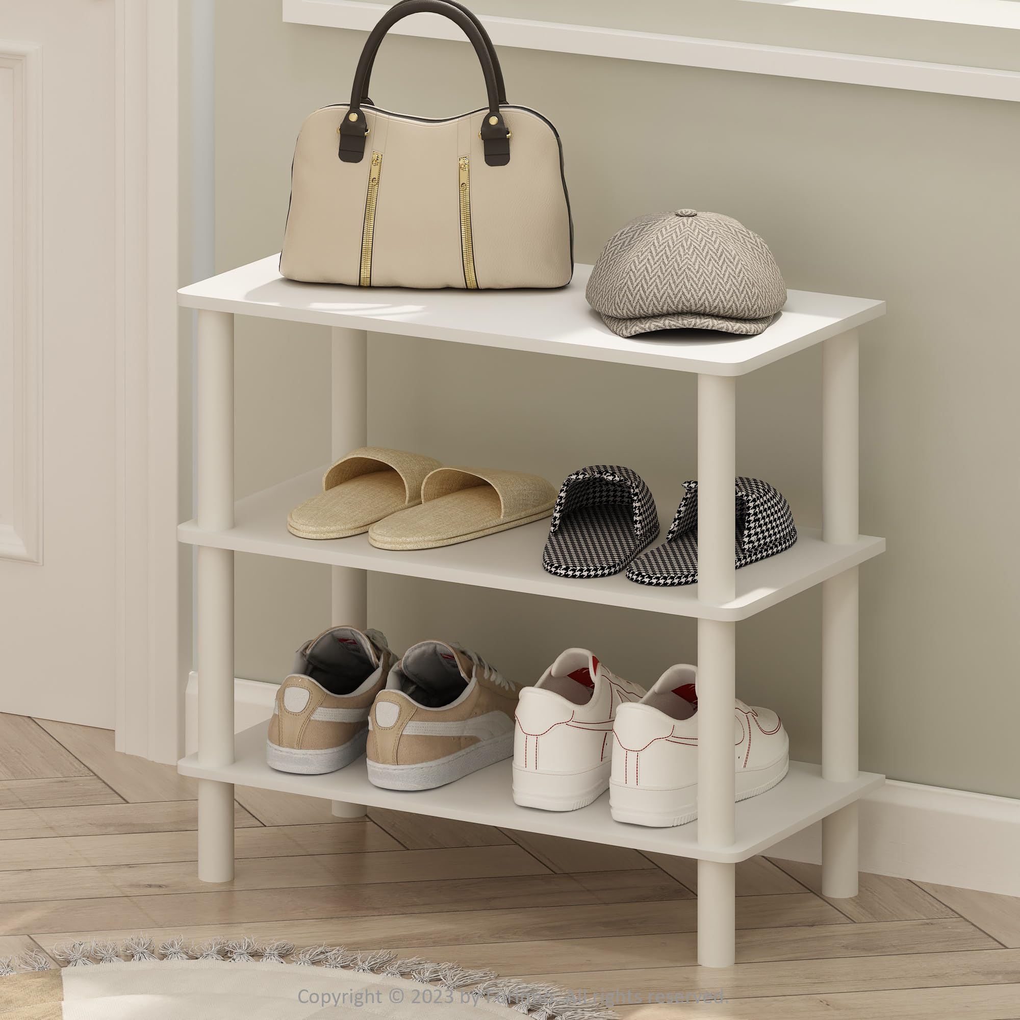 Furinno TURN-N-TUBE Zapatero De 3 Niveles Con Organizador Independiente, 11.7 X 23.6 X 21.9, Para Entrada De Armario, Oficina Y Garaje, Blanco