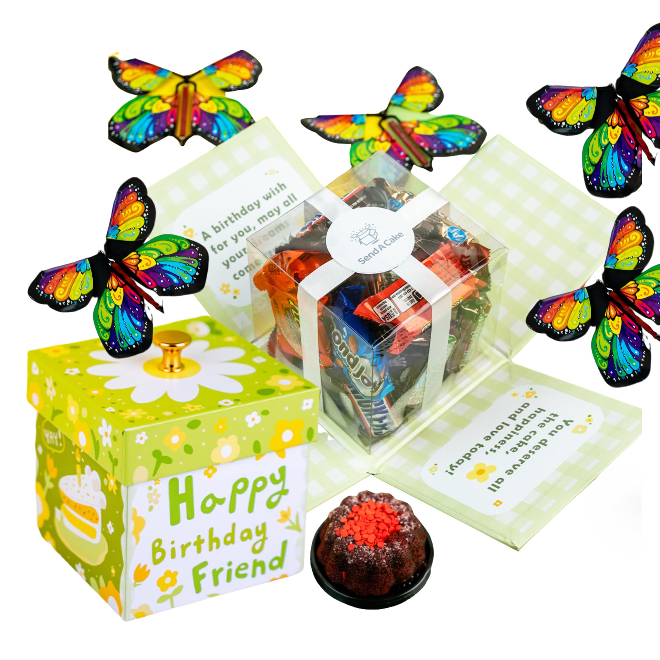 Happy Birthday Friend Flying Butterfly Explosion Box by Send A Cake – Ready to Gift, No Assembly Required – With Assorted Candies, Chocolates & 3" Red Velvet Mini Bundt Cake – Birthday Surprise for Women, Men, Adults & Kids