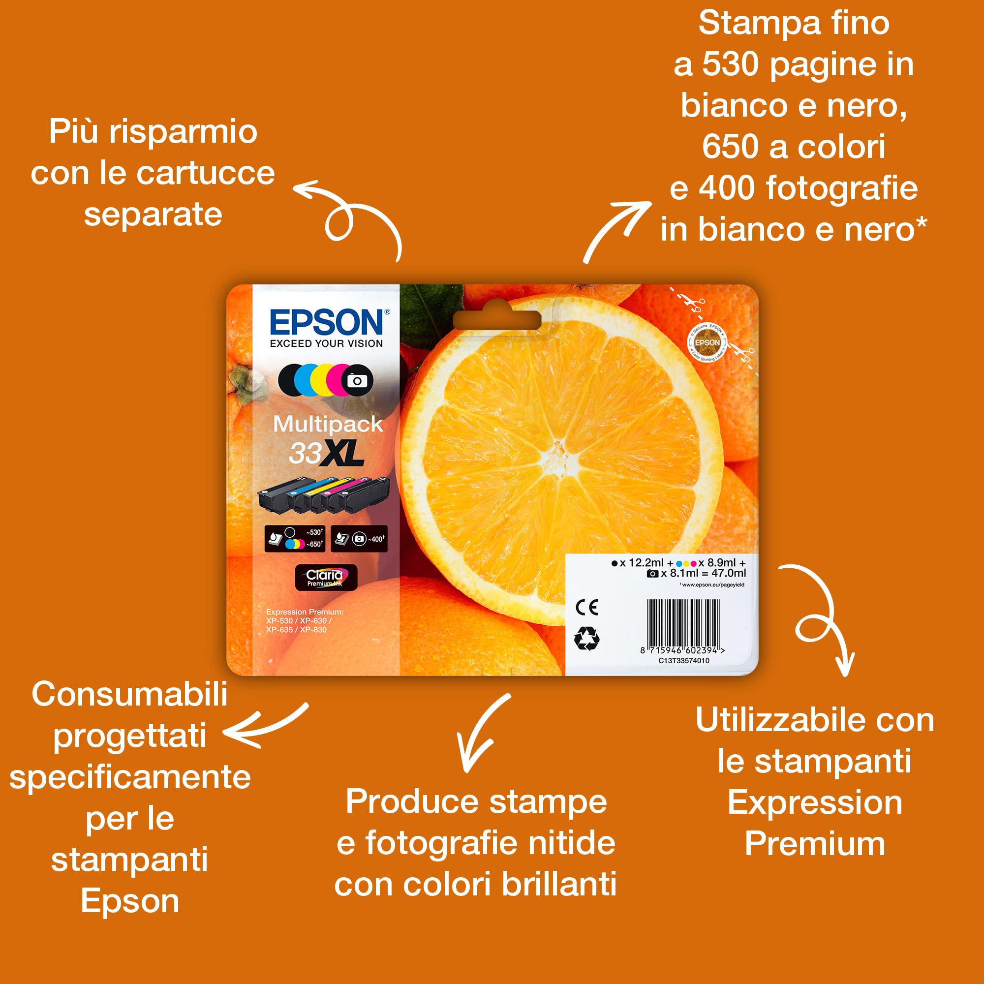 Epson 33 Serie Arancia Cartuccia Originale, Multipack, Standard, 5 Colori, Imballaggio standard